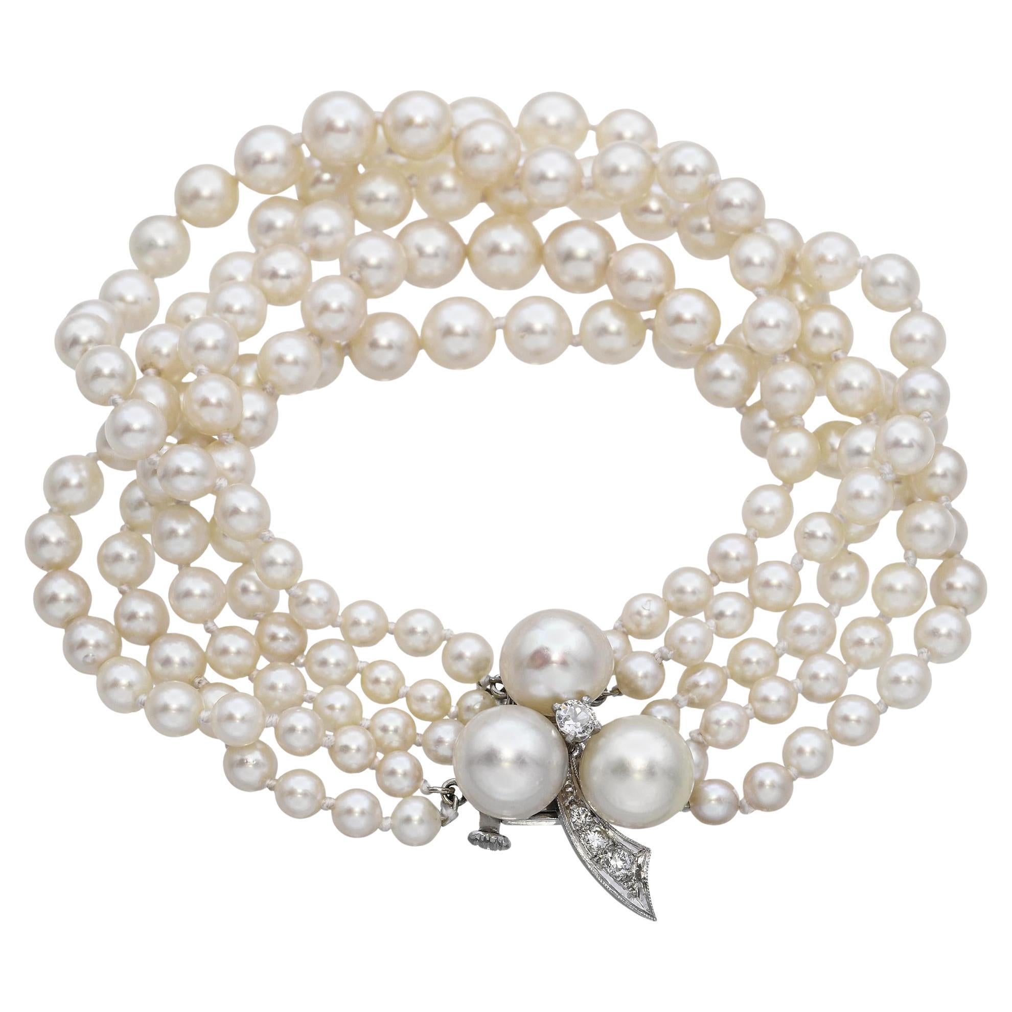 Vintage 14k White Gold Diamond 4-Strand Pearl Bracelet