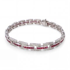 Bracciale vintage in oro bianco 14k con diamanti e rubini a taglio francese