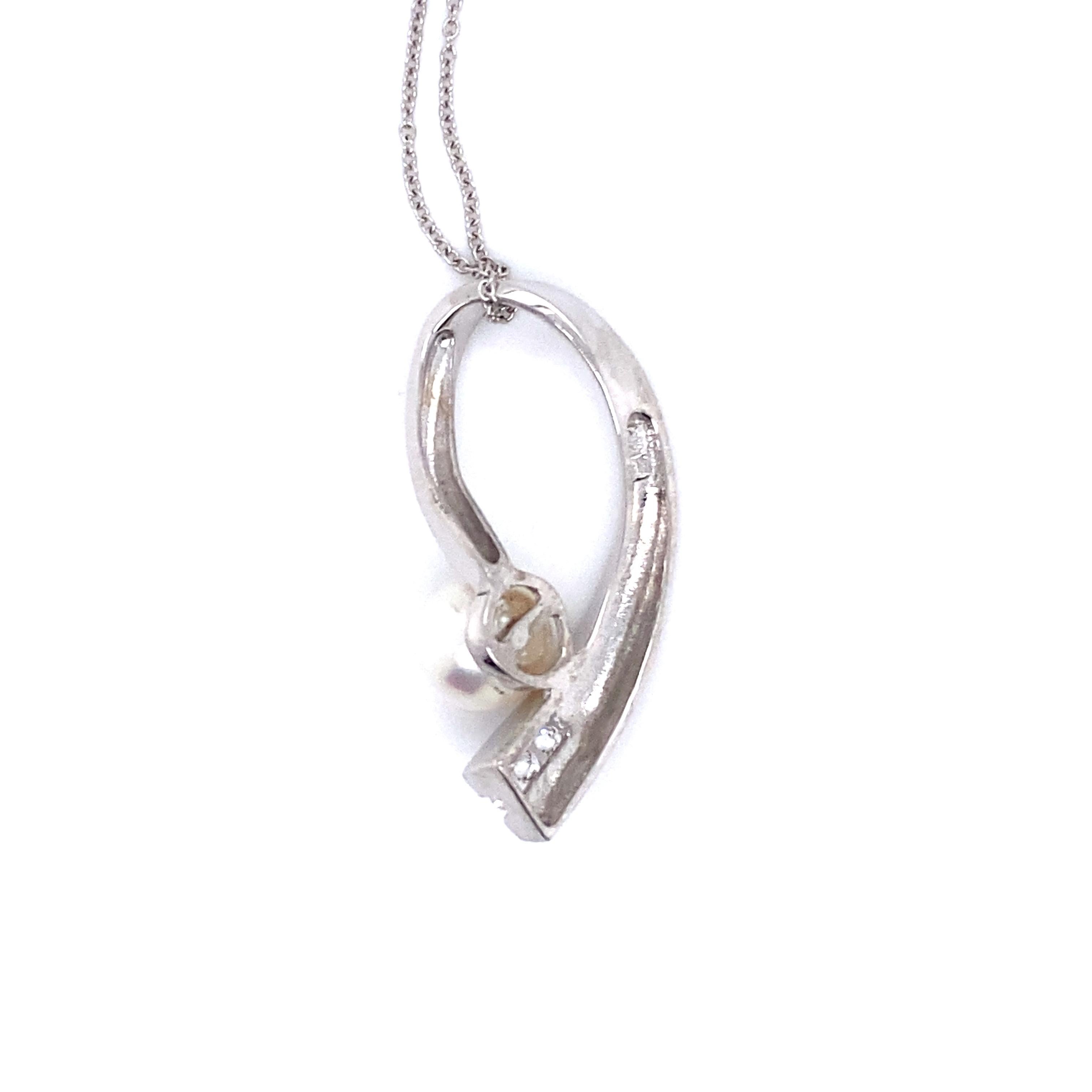Modernist Vintage 14K White Gold Diamond and Pearl Abstract Pendant with Chain For Sale