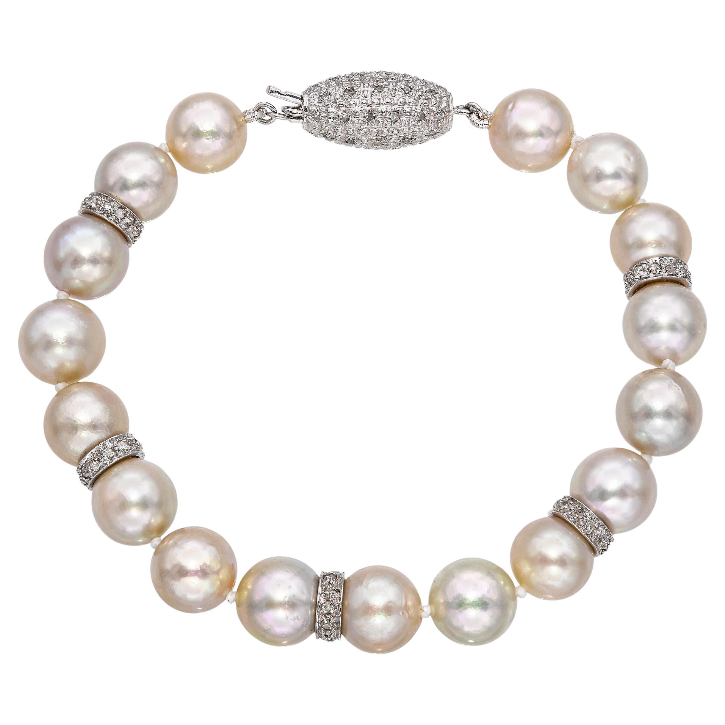 Bracciale vintage in oro bianco 14k con diamanti e perle