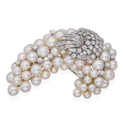 Vintage 14k White Gold Diamond and Pearl Cluster Brooch