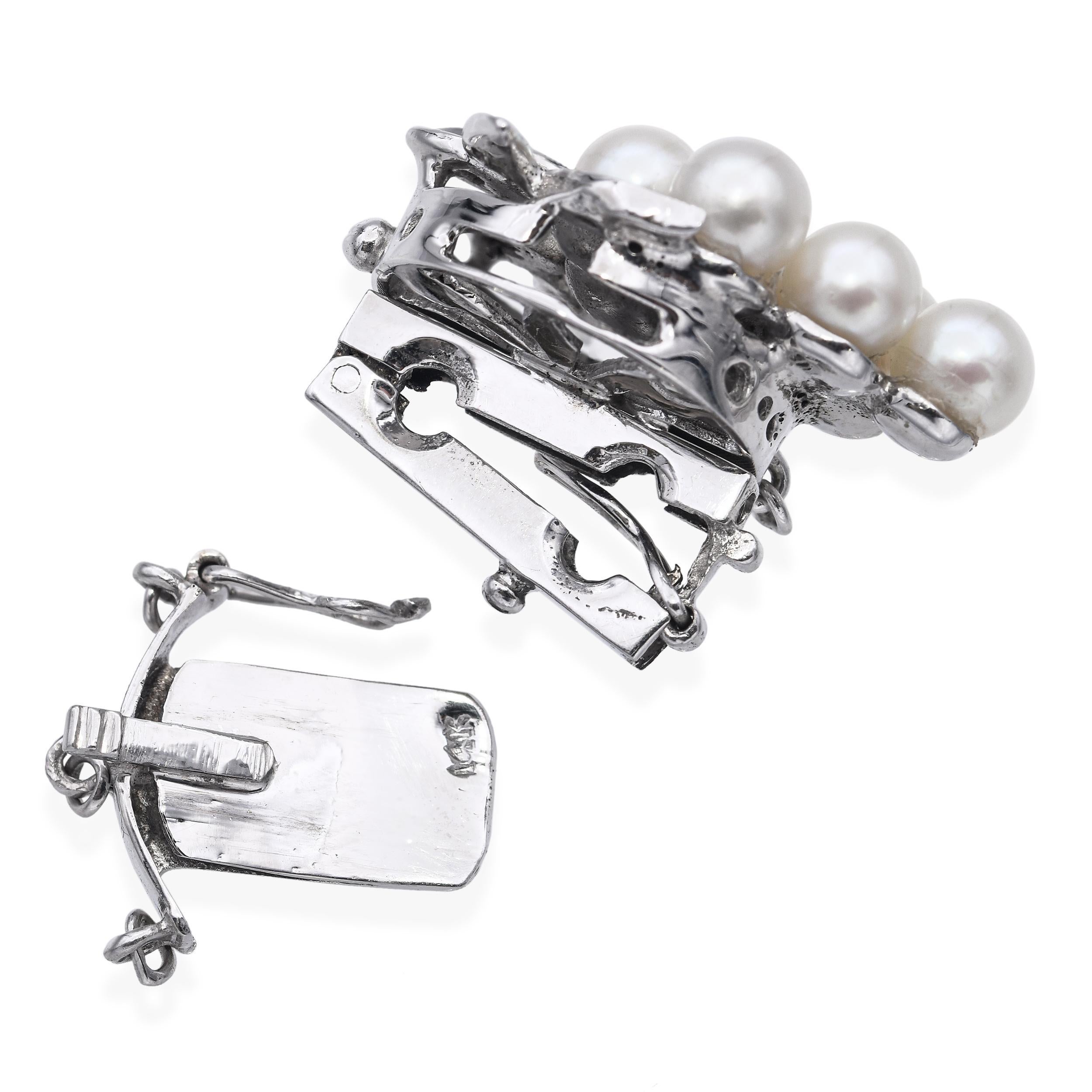 Women's Vintage 14k White Gold Diamond and Pearl Grape Clasp For Sale