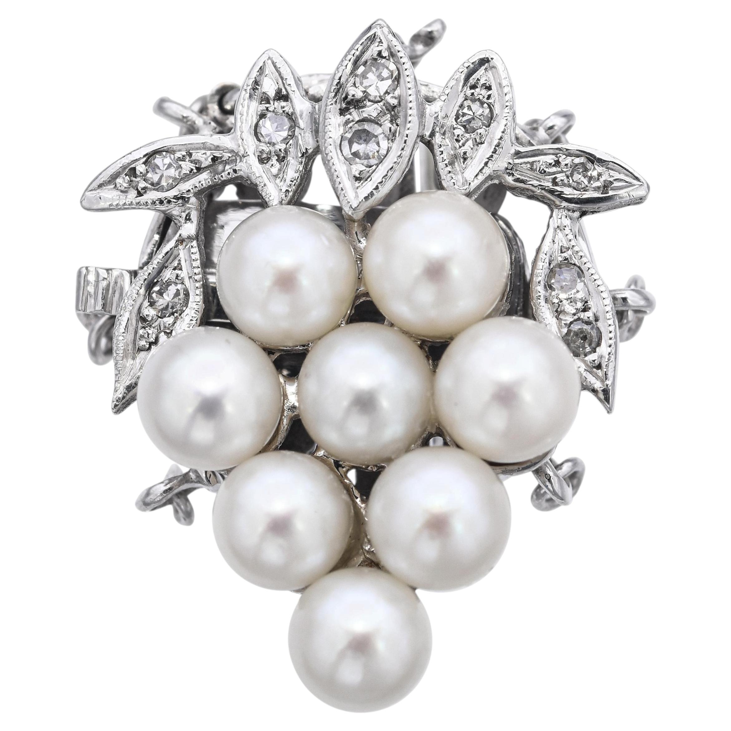 Vintage 14k White Gold Diamond and Pearl Grape Clasp For Sale