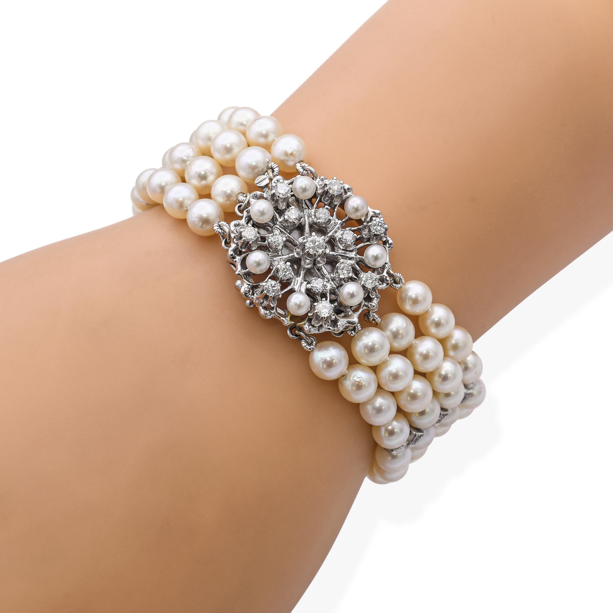 Perle Vintage 14K White Gold Diamond and Pearl Multi Strand Bracelet en vente