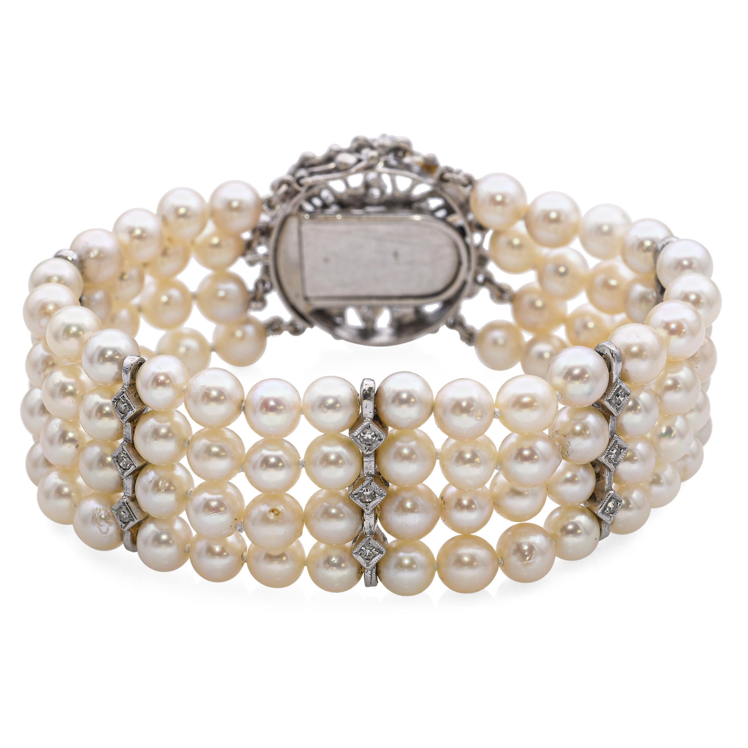 Vintage 14K White Gold Diamond and Pearl Multi Strand Bracelet Bon état - En vente à New York, NY