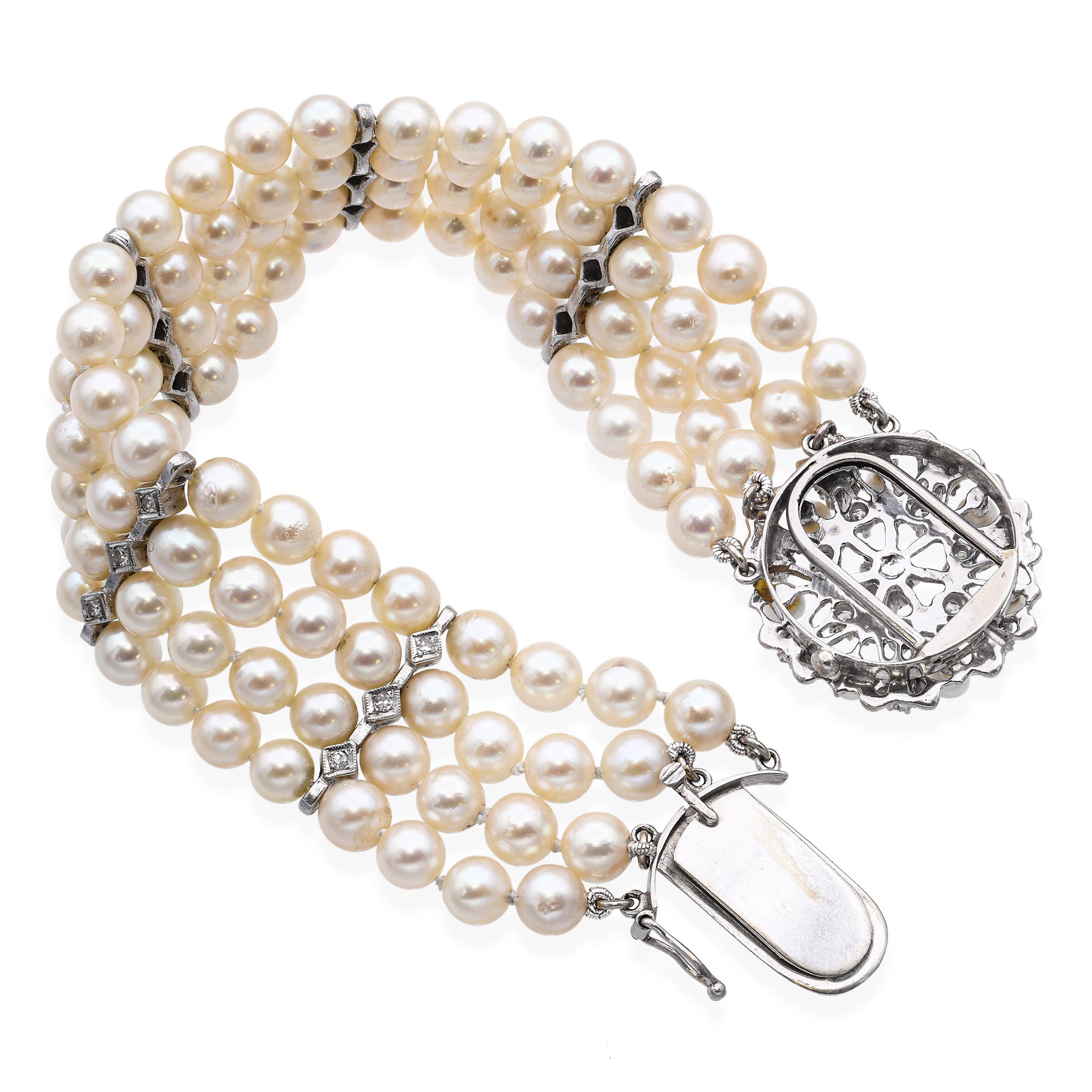 Vintage 14K White Gold Diamond and Pearl Multi Strand Bracelet Pour femmes en vente