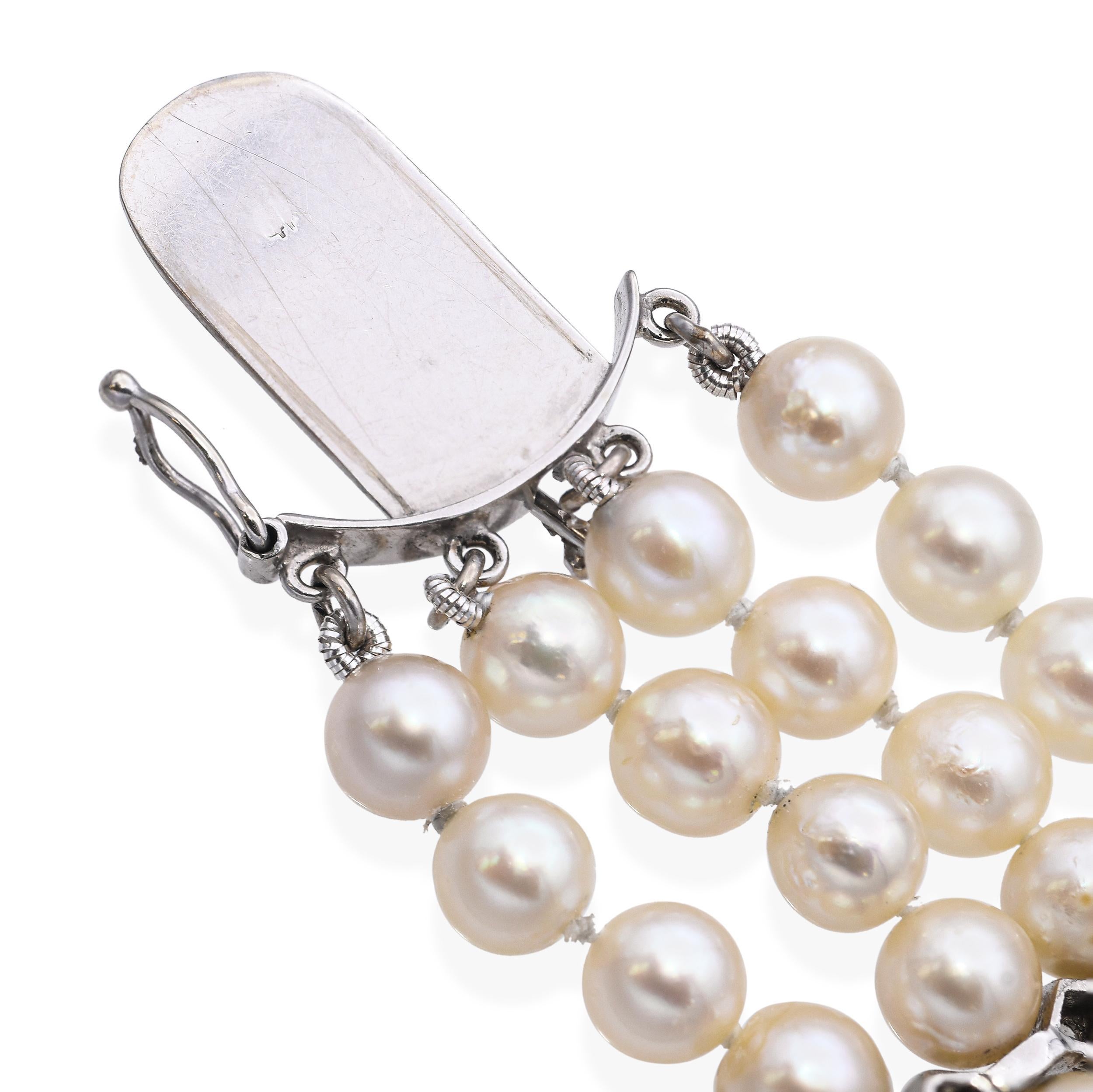 Vintage 14K White Gold Diamond and Pearl Multi Strand Bracelet en vente 1