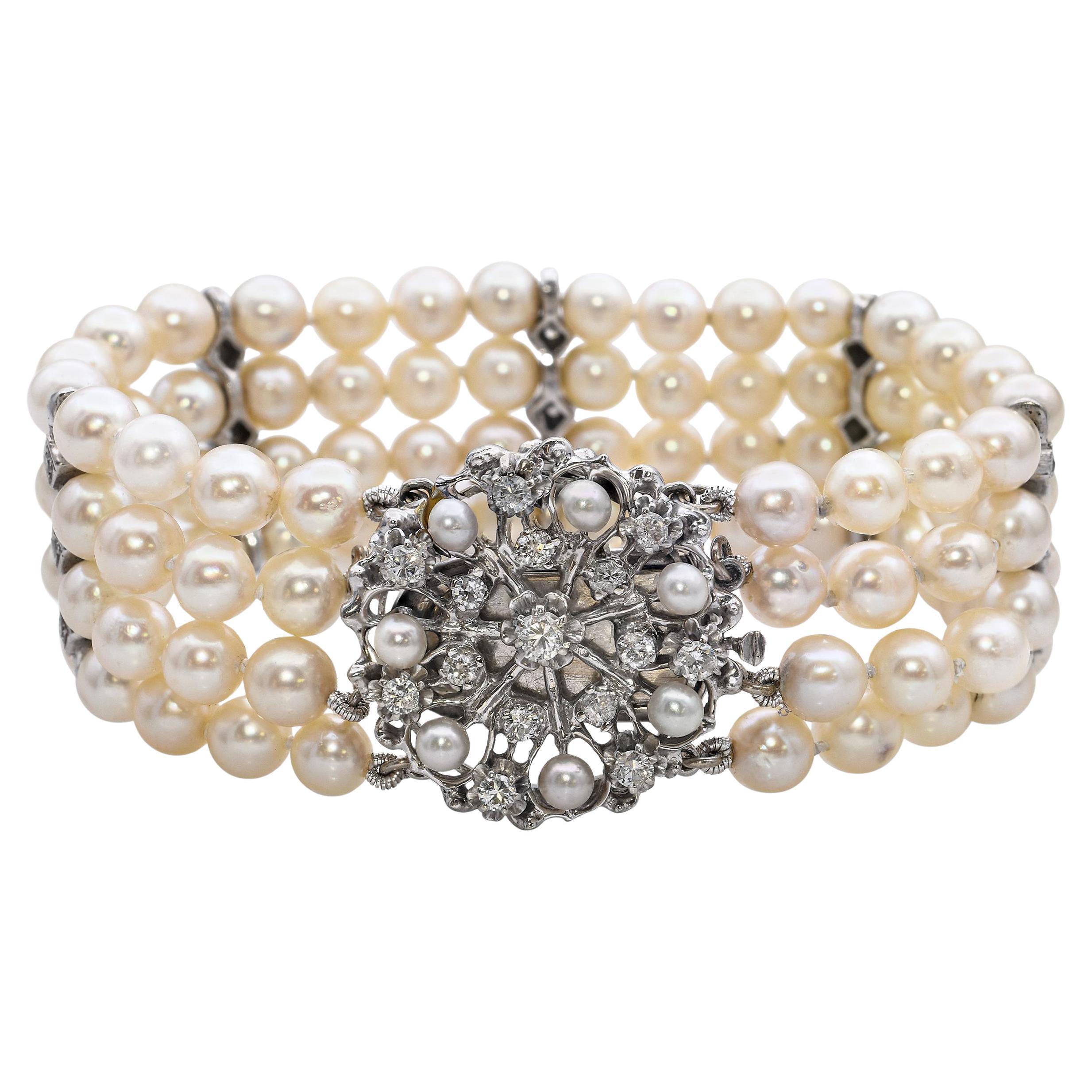 Vintage 14K White Gold Diamond and Pearl Multi Strand Bracelet