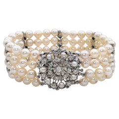 Vintage 14K White Gold Diamond and Pearl Multi Strand Bracelet