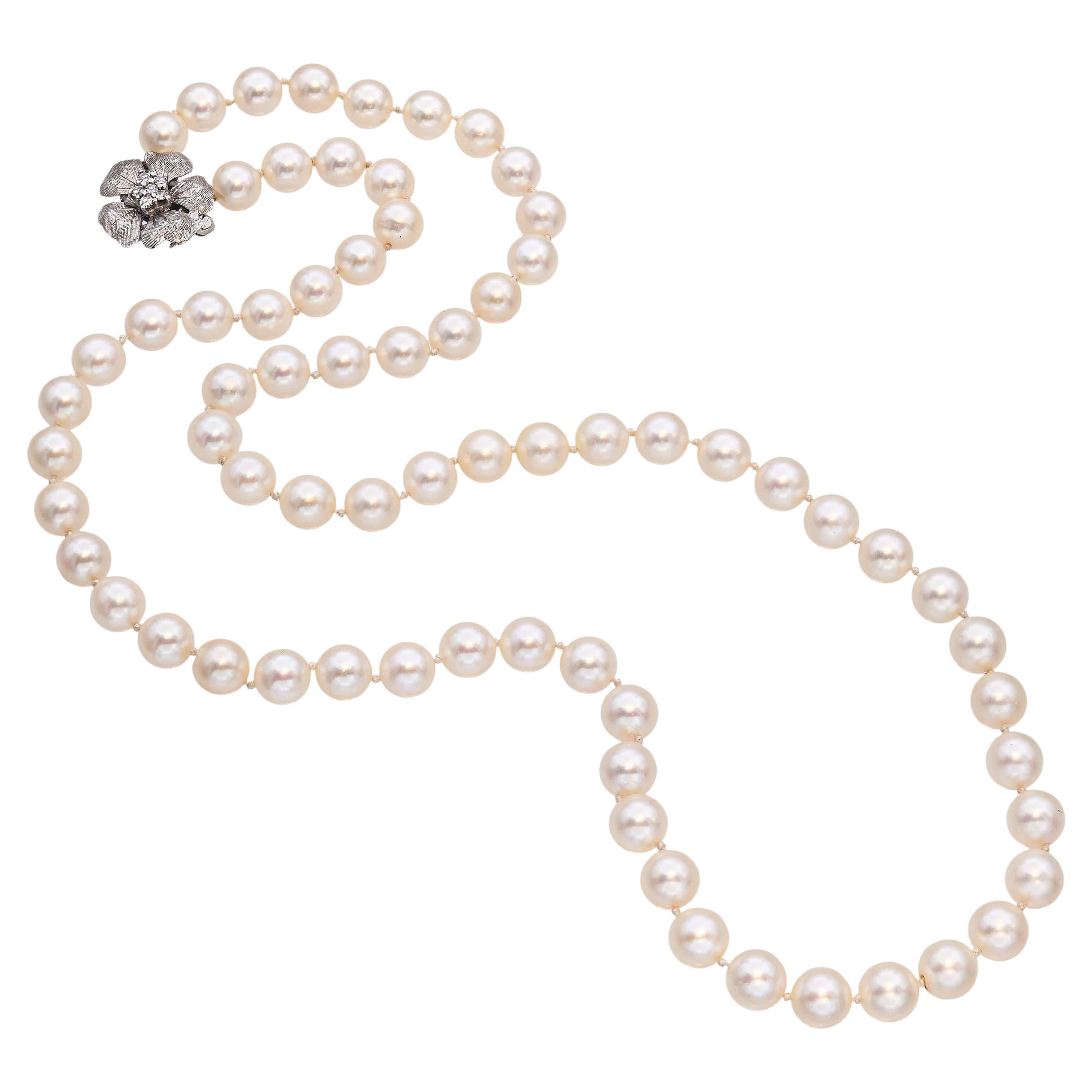 Vintage 14k White Gold Diamond and Pearl Necklace For Sale