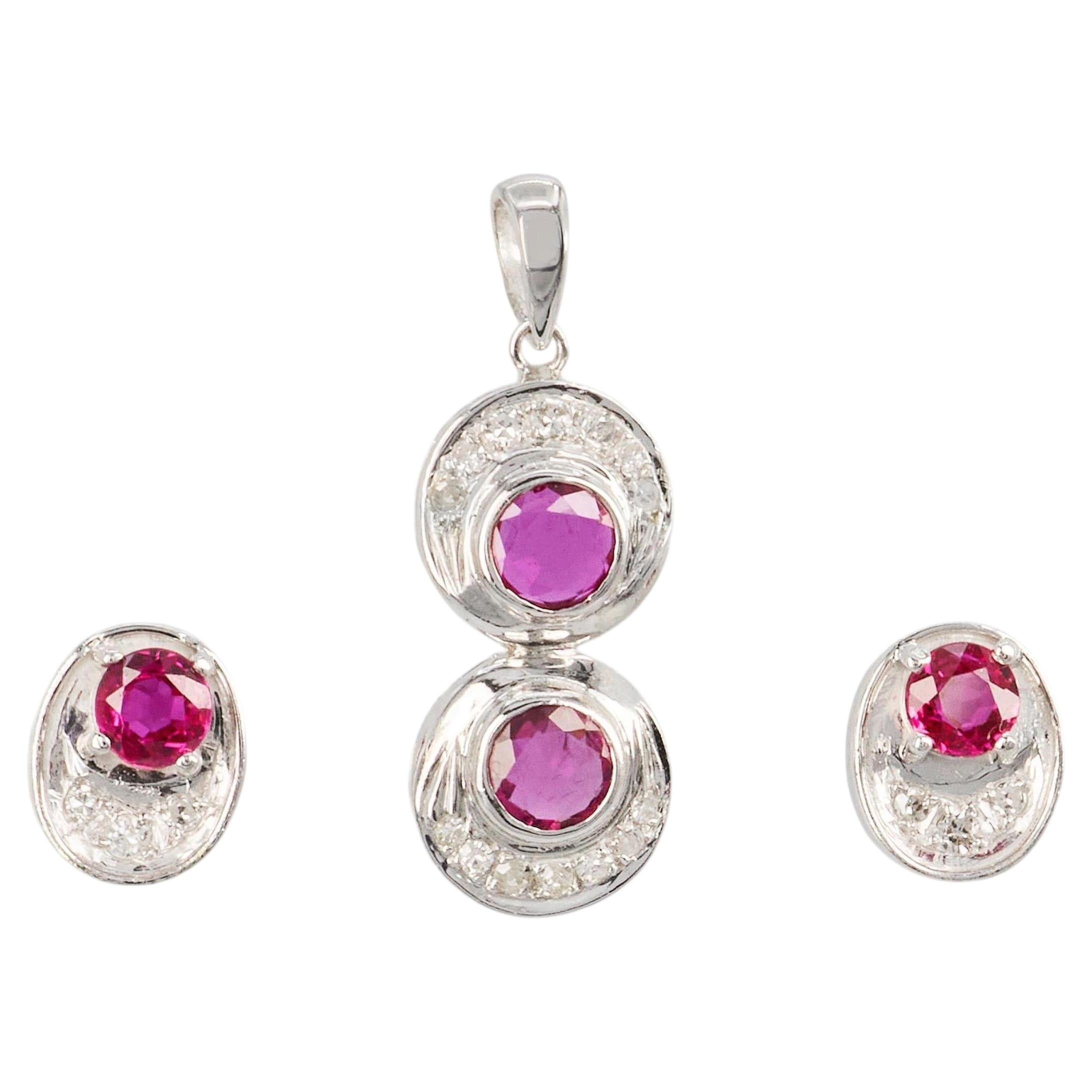 Vintage 14k White Gold Diamond and Ruby Earring and Pendant Set For Sale