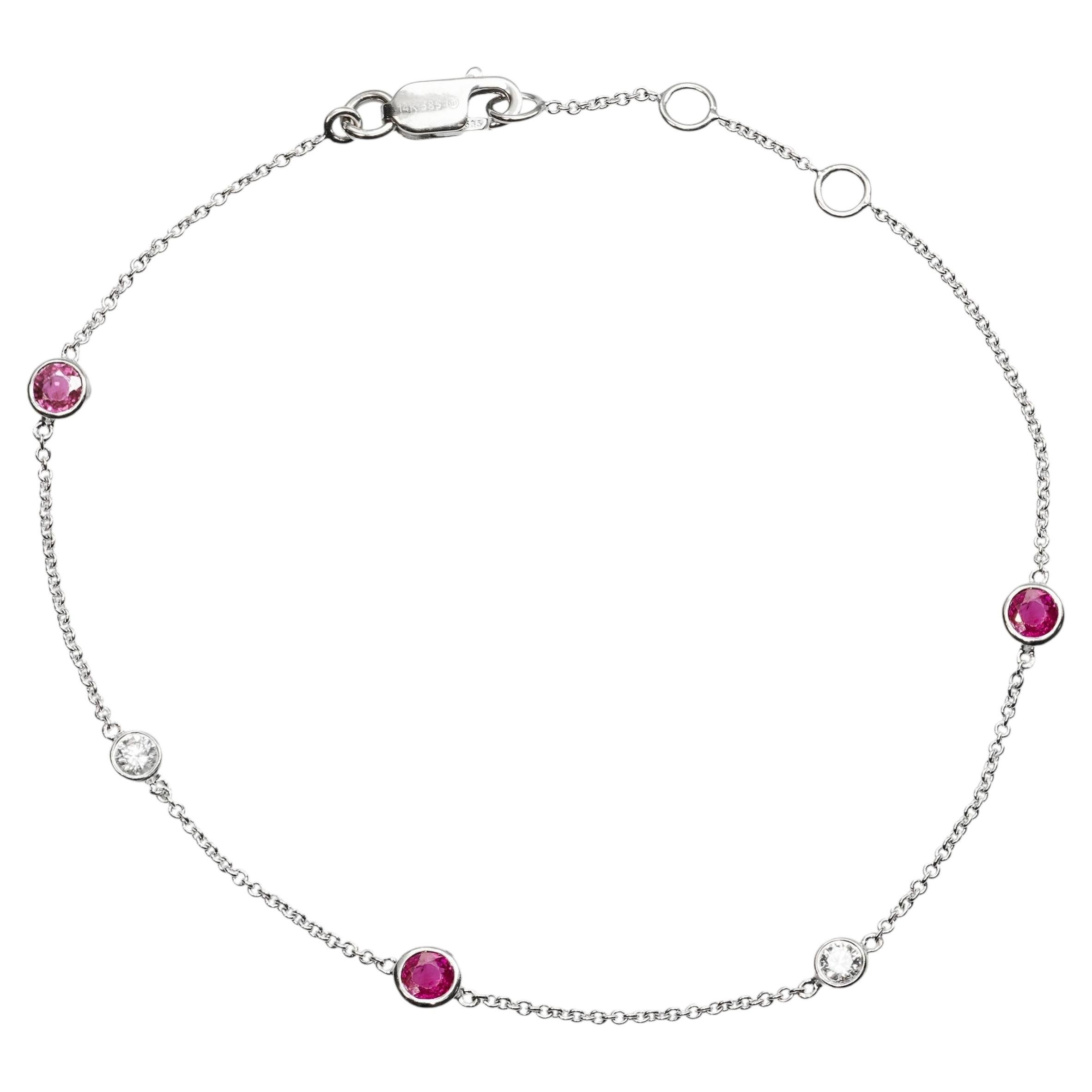 Vintage 14k White Gold Diamond and Ruby Station Link Bracelet