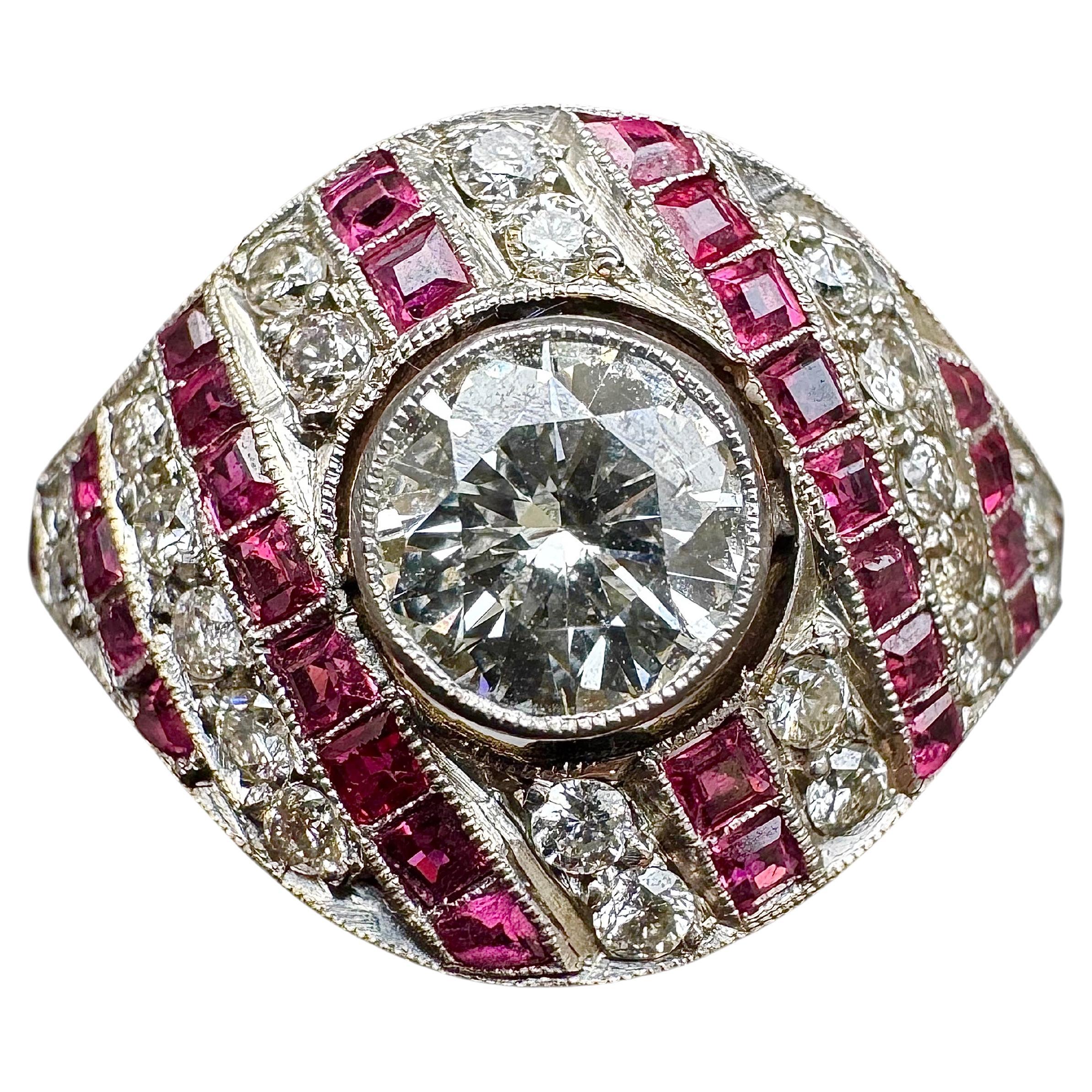 Vintage 14K White Gold Diamond and Ruby Target Ring For Sale
