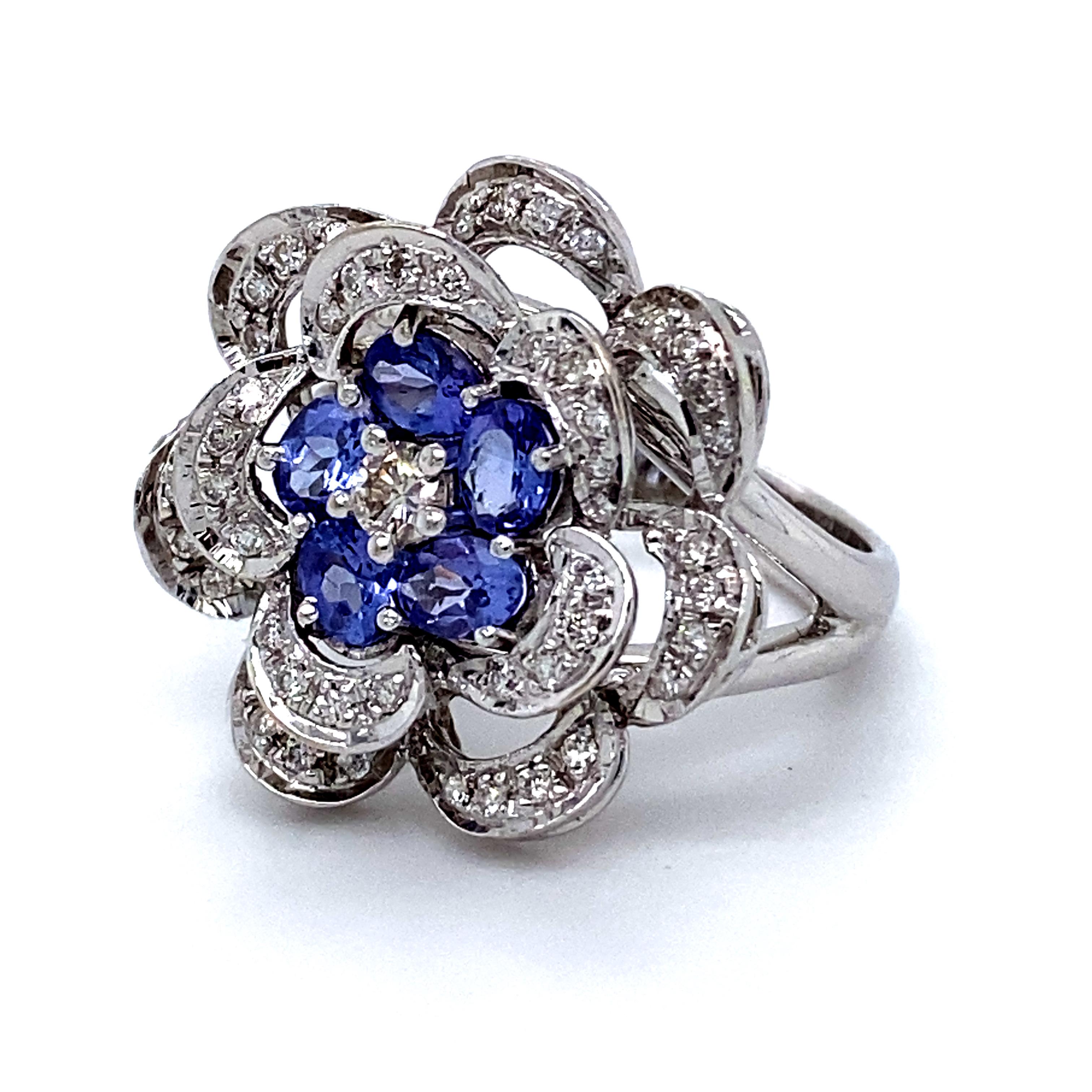 Round Cut Vintage 14K White Gold Diamond and Tanzanite Cluster Ring Engagement