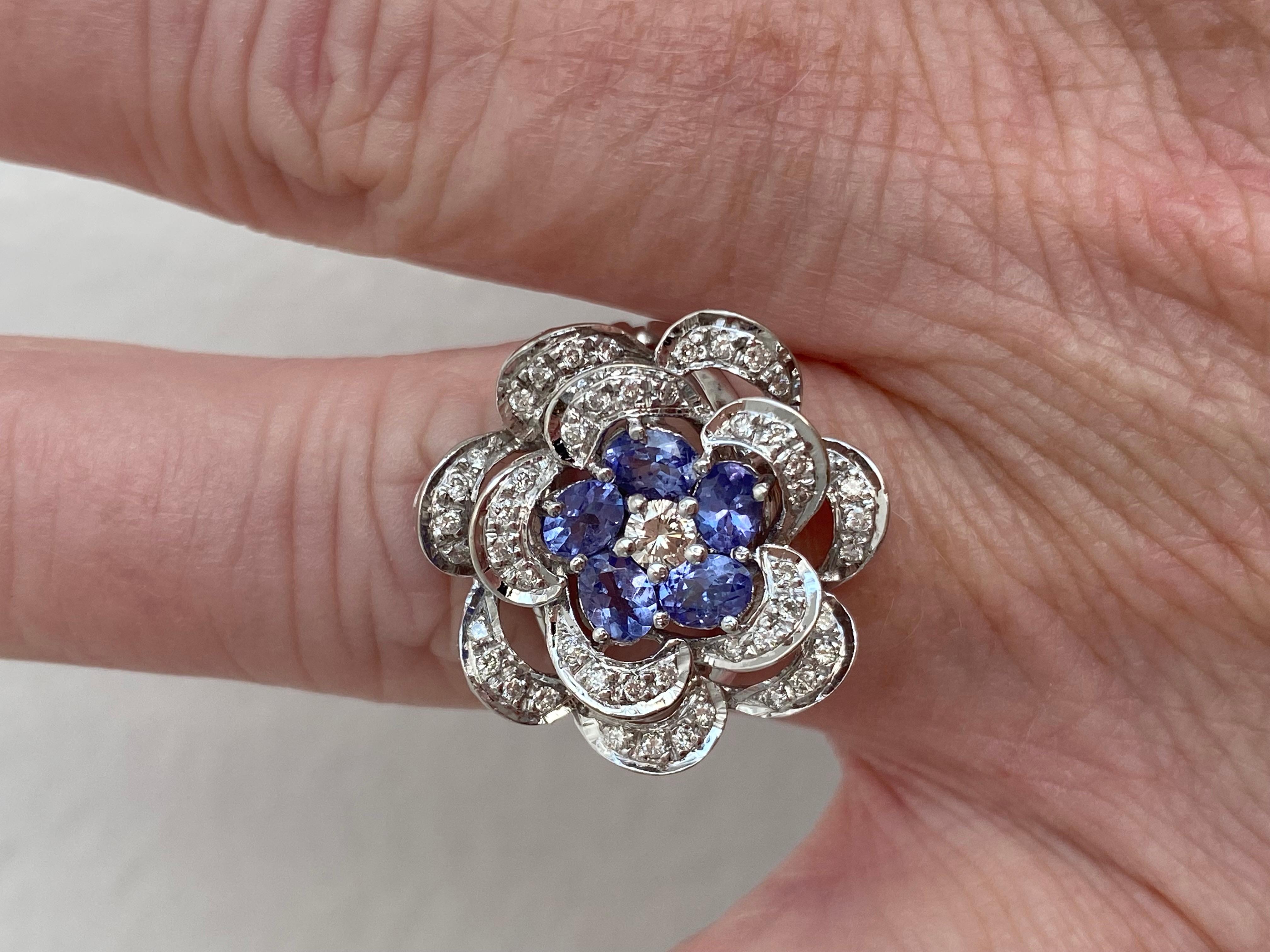 Women's or Men's Vintage 14K White Gold Diamond and Tanzanite Cluster Ring Engagement