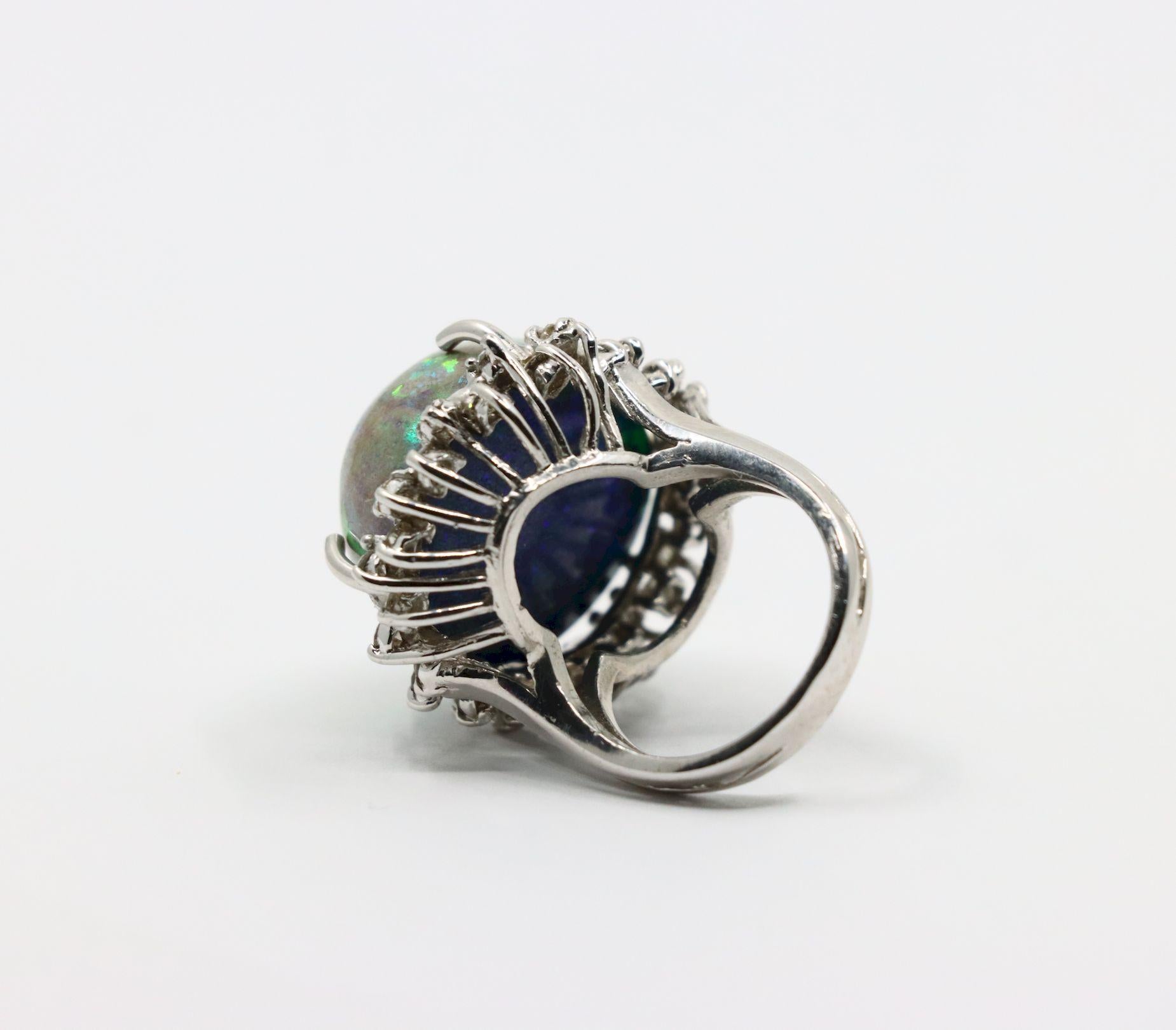 Vintage 14K White Gold Diamond Black Opal Cabochon Ring For Sale 6
