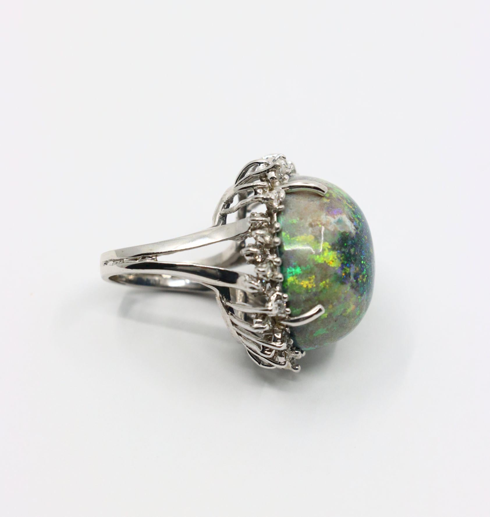 Vintage 14K White Gold Diamond Black Opal Cabochon Ring For Sale 8
