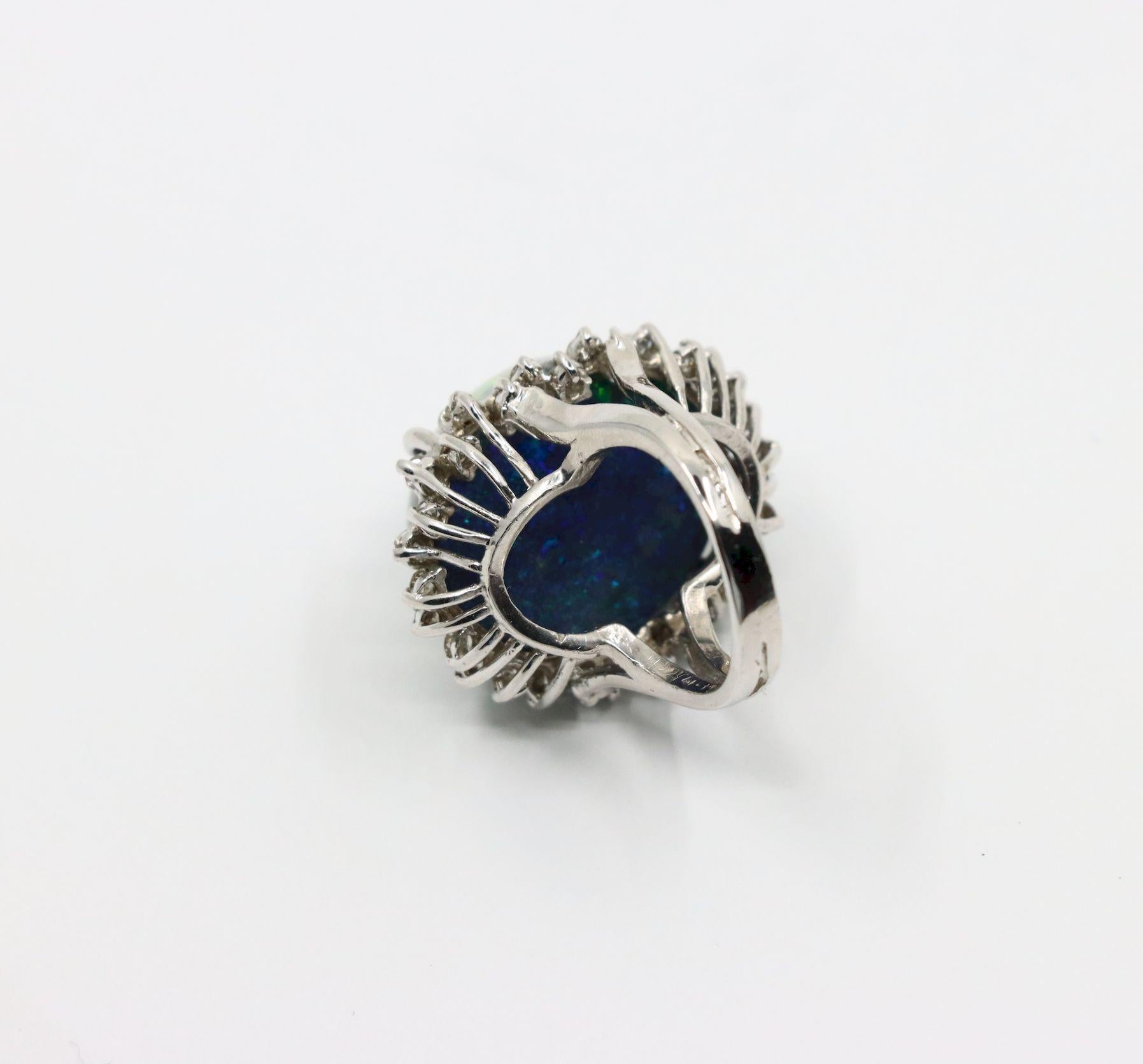 Vintage 14K White Gold Diamond Black Opal Cabochon Ring For Sale 10