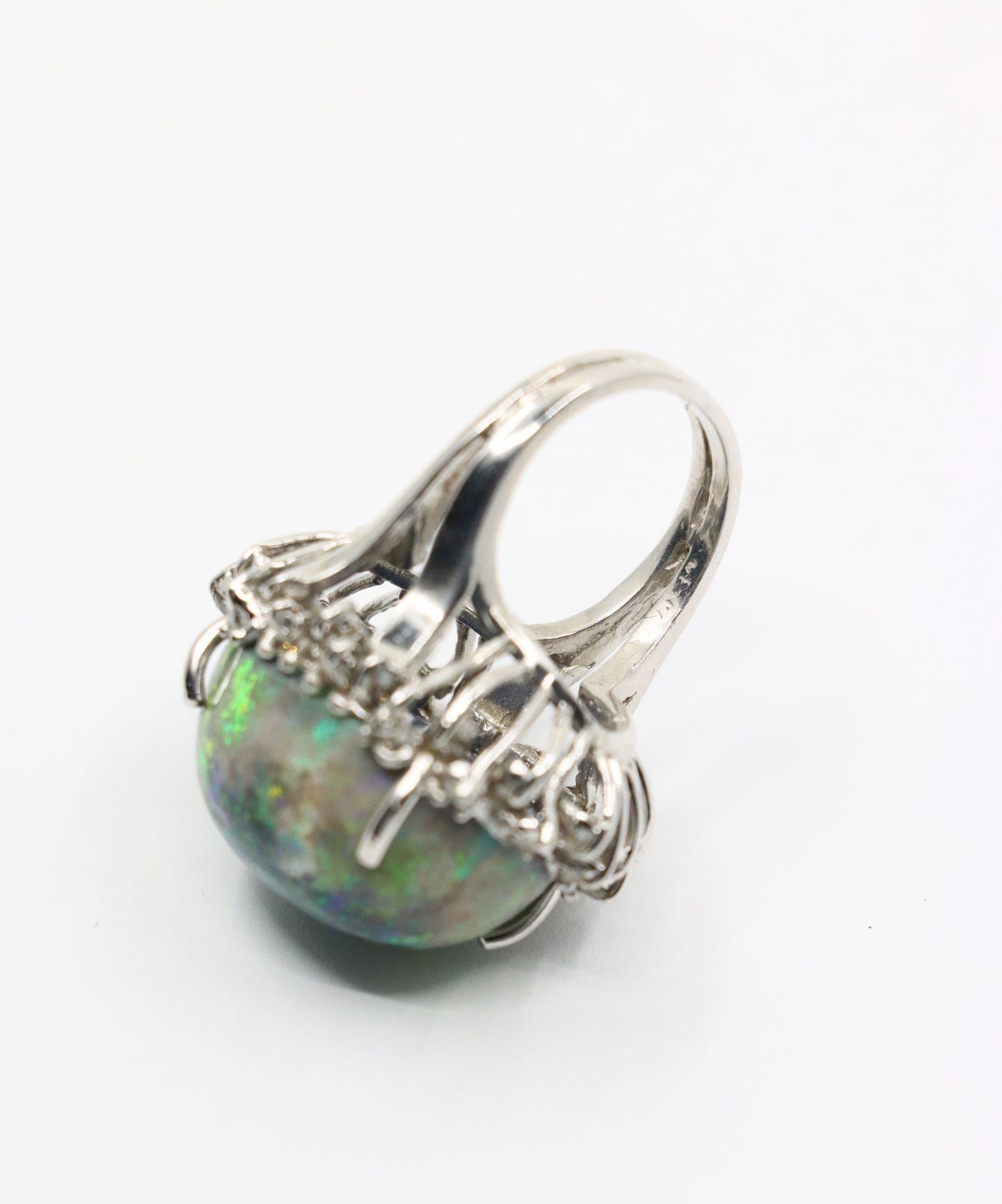 Vintage 14K White Gold Diamond Black Opal Cabochon Ring For Sale 11