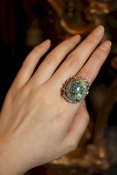 Vintage 14K White Gold Diamond Black Opal Cabochon Ring