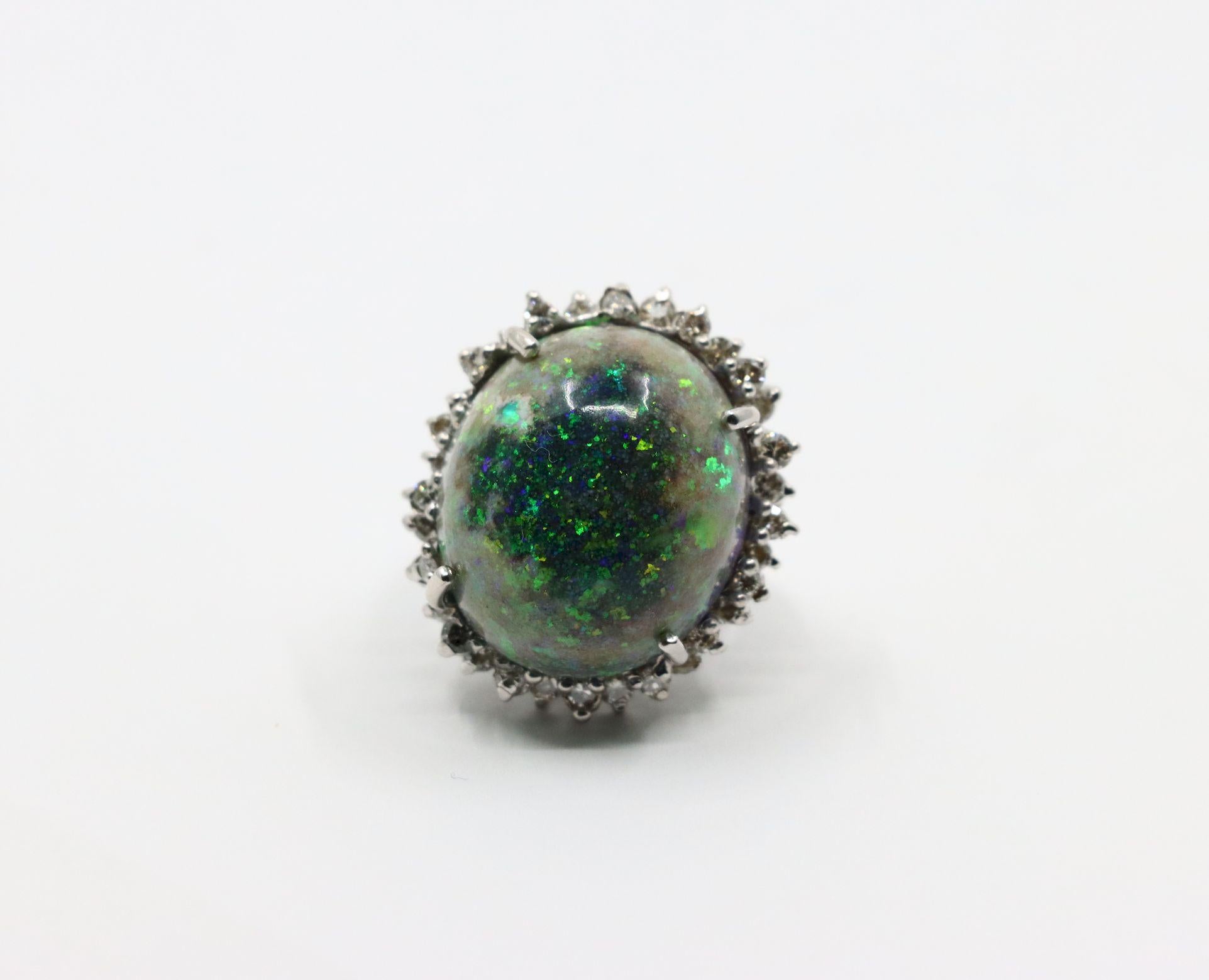 Vintage 14K White Gold Diamond Black Opal Cabochon Ring In Good Condition For Sale In Flushing, NY
