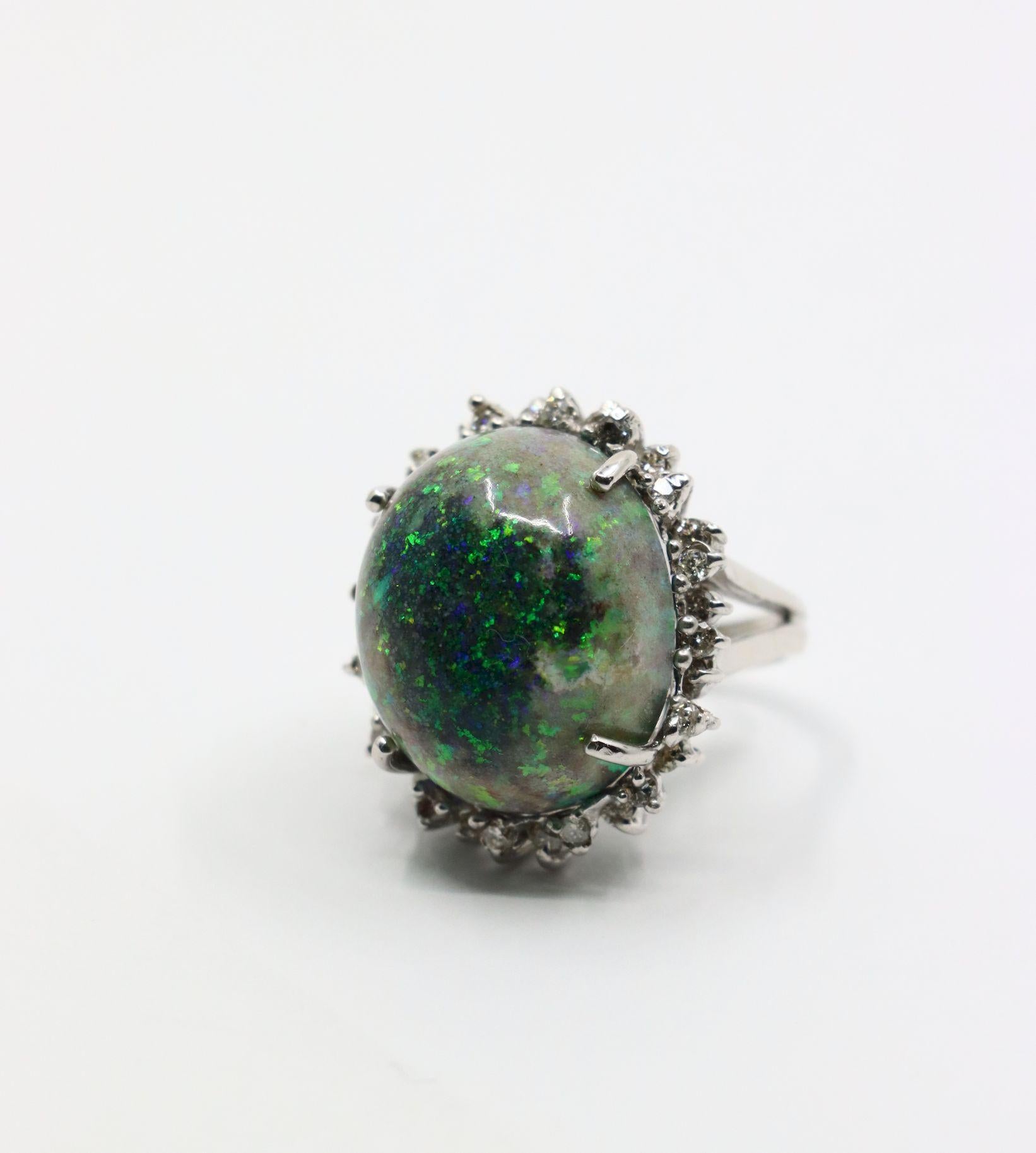 Women's Vintage 14K White Gold Diamond Black Opal Cabochon Ring For Sale