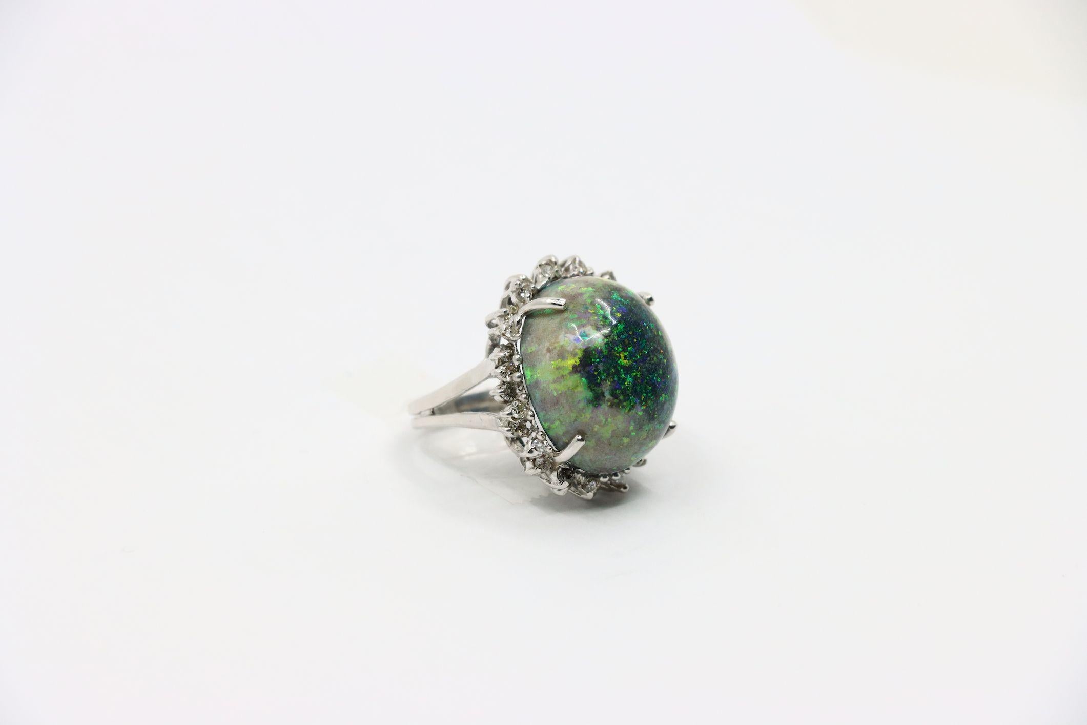 Vintage 14K White Gold Diamond Black Opal Cabochon Ring For Sale 2