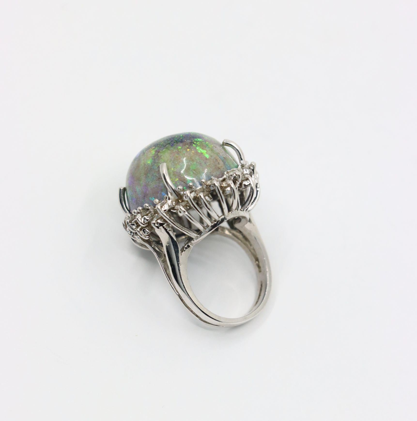 Vintage 14K White Gold Diamond Black Opal Cabochon Ring For Sale 3
