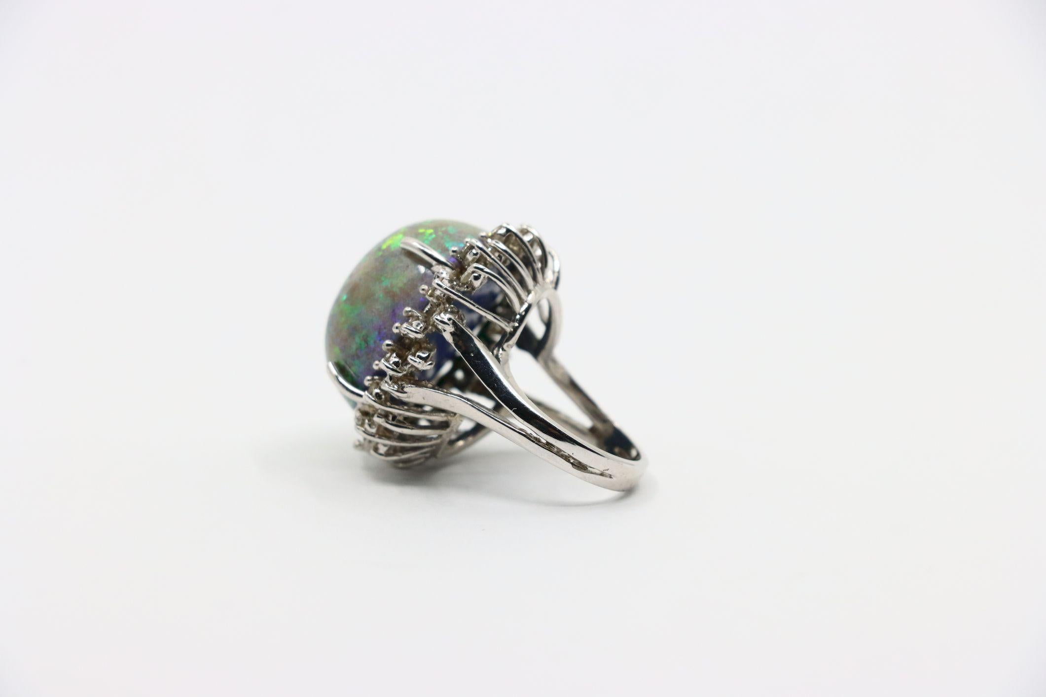 Vintage 14K White Gold Diamond Black Opal Cabochon Ring For Sale 4