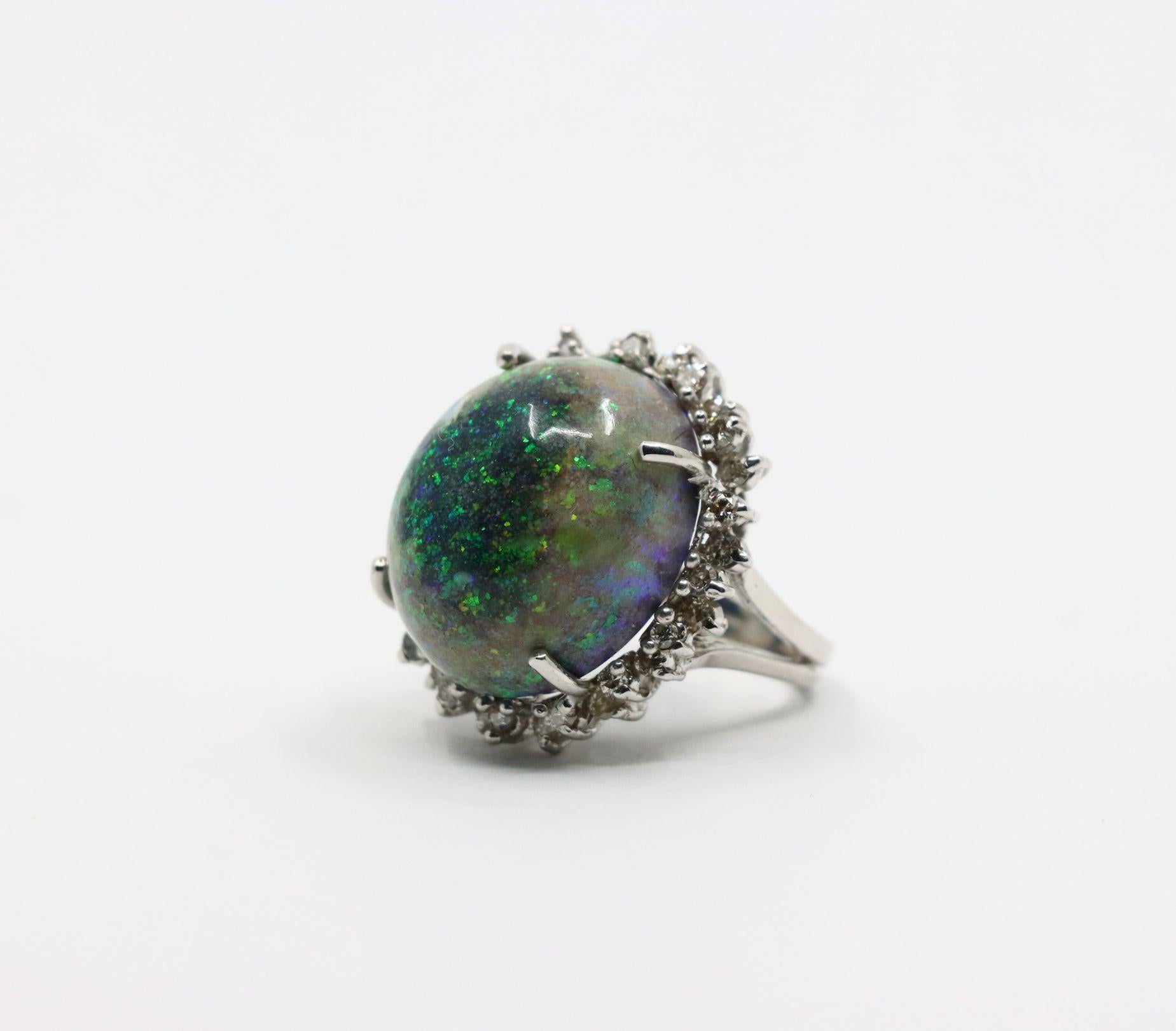 Vintage 14K White Gold Diamond Black Opal Cabochon Ring For Sale 5