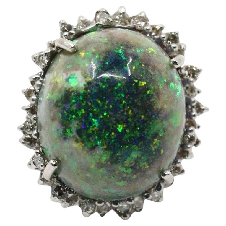 Vintage 14K White Gold Diamond Black Opal Cabochon Ring