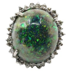 Vintage 14K White Gold Diamond Black Opal Cabochon Ring