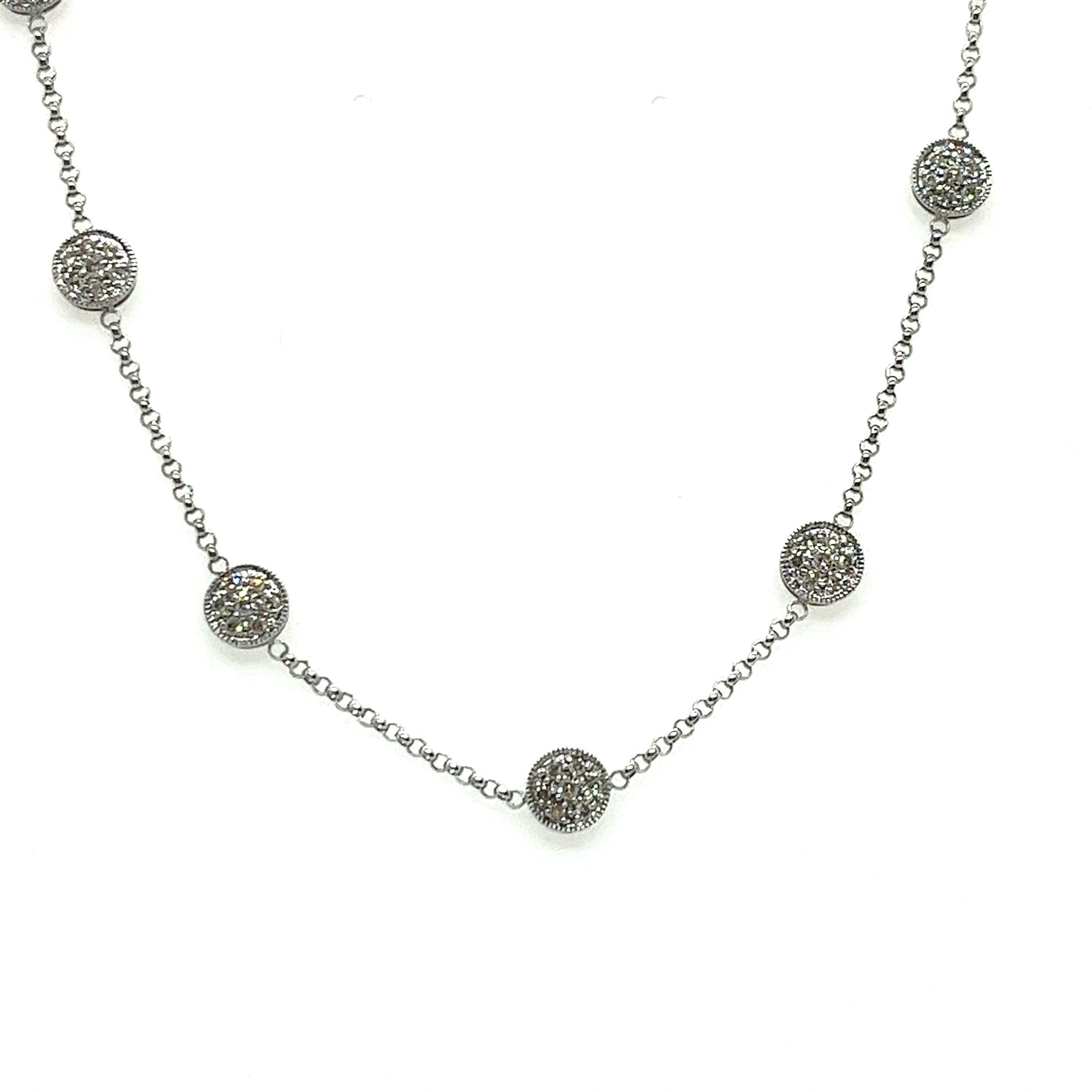 Modern Vintage 14K White Gold Diamond Cluster Station Necklace For Sale
