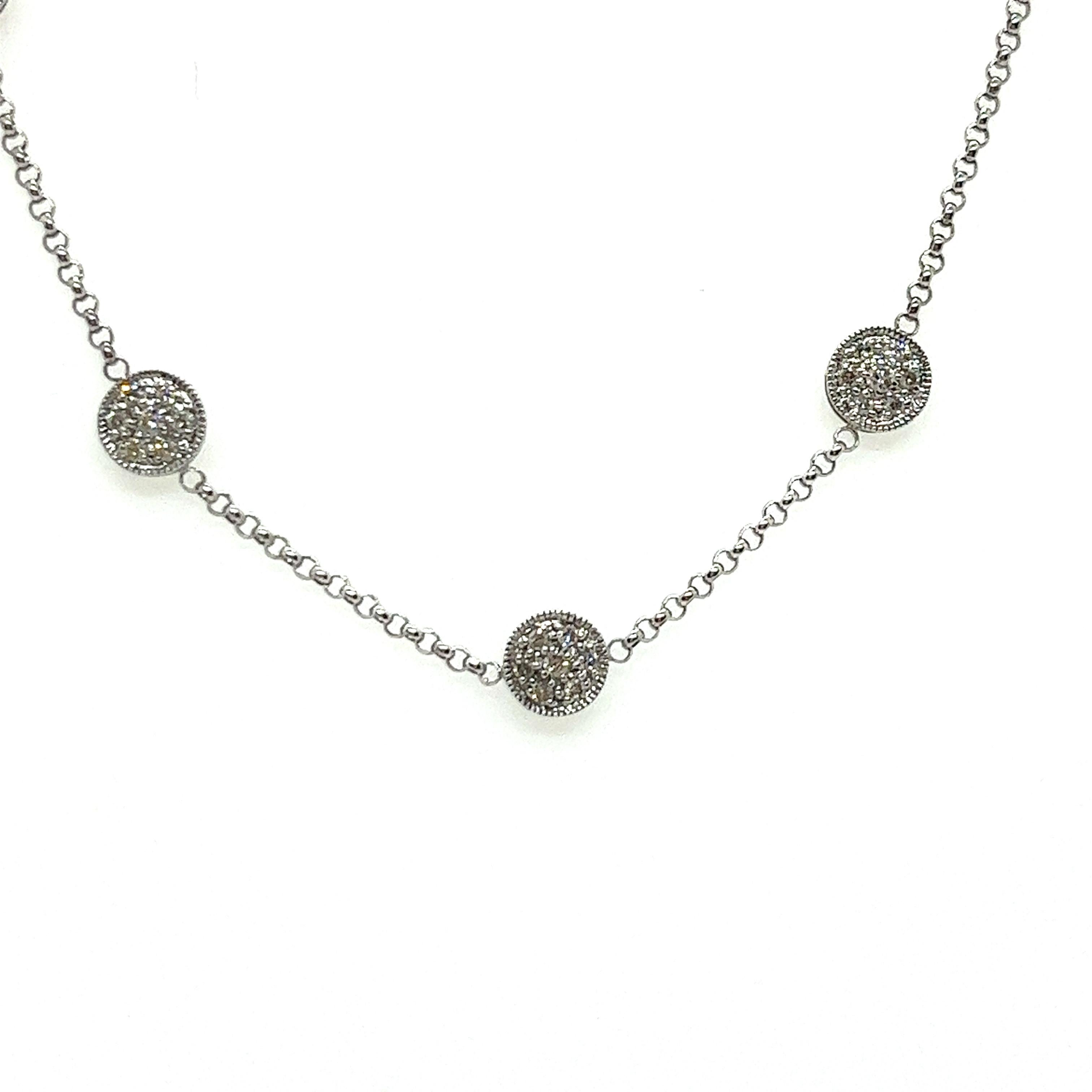 Round Cut Vintage 14K White Gold Diamond Cluster Station Necklace For Sale