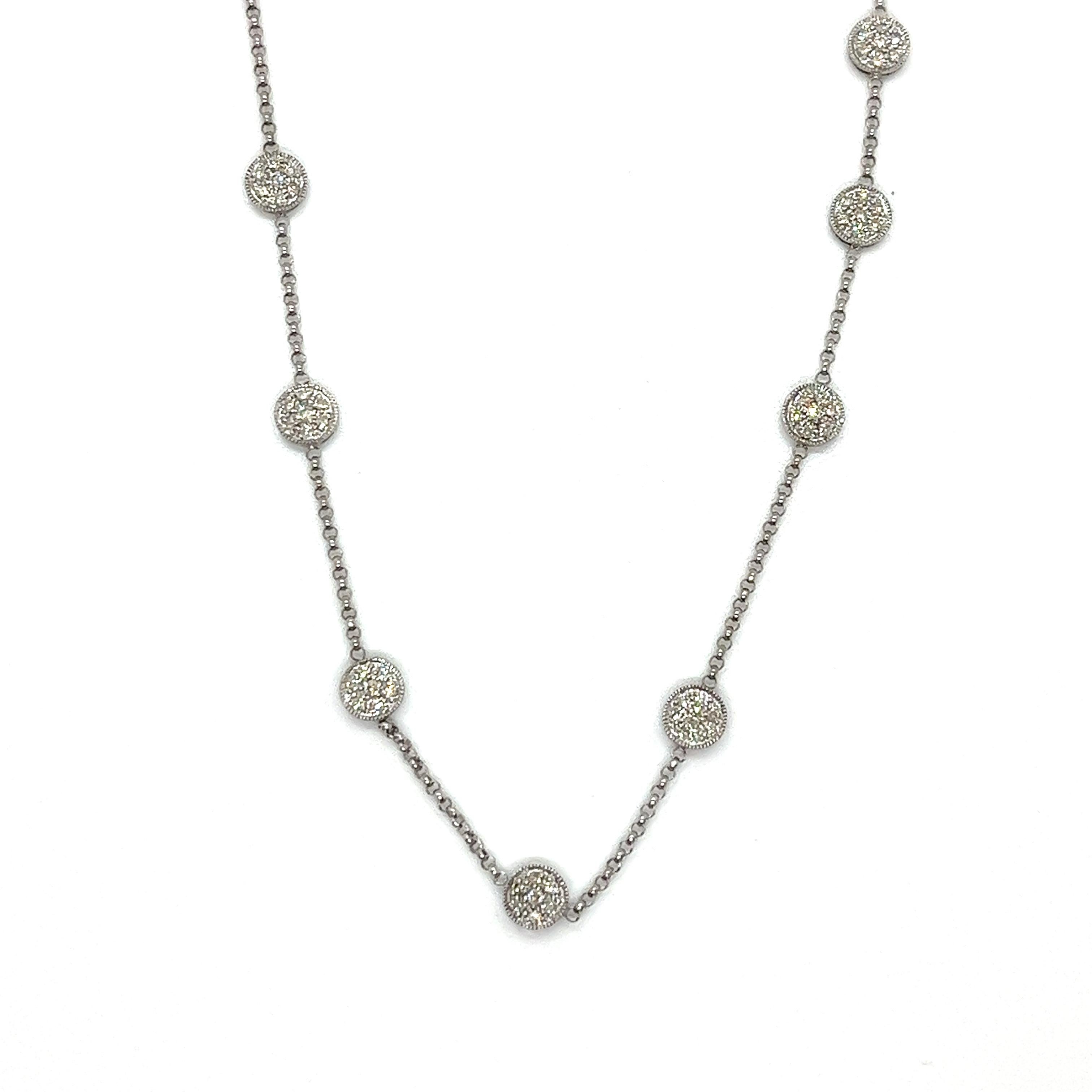 Vintage 14K White Gold Diamond Cluster Station Necklace In Excellent Condition For Sale In Boston, MA