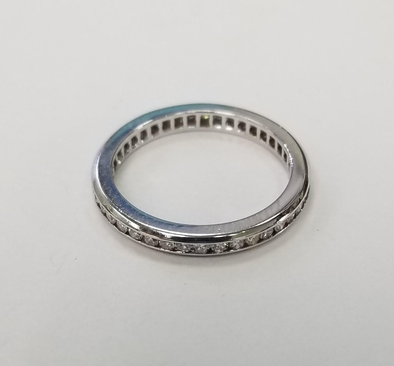14k White Gold Diamond  Eternity Ring .85 carats containing 42 round single cut diamonds of very fine quality weighing .85cts, ring size is a 6.
Diamonds: 42 round single cut 
color : F
clarity: VS
weight: .85pts
metal: 14k white gold
weight: 2.2