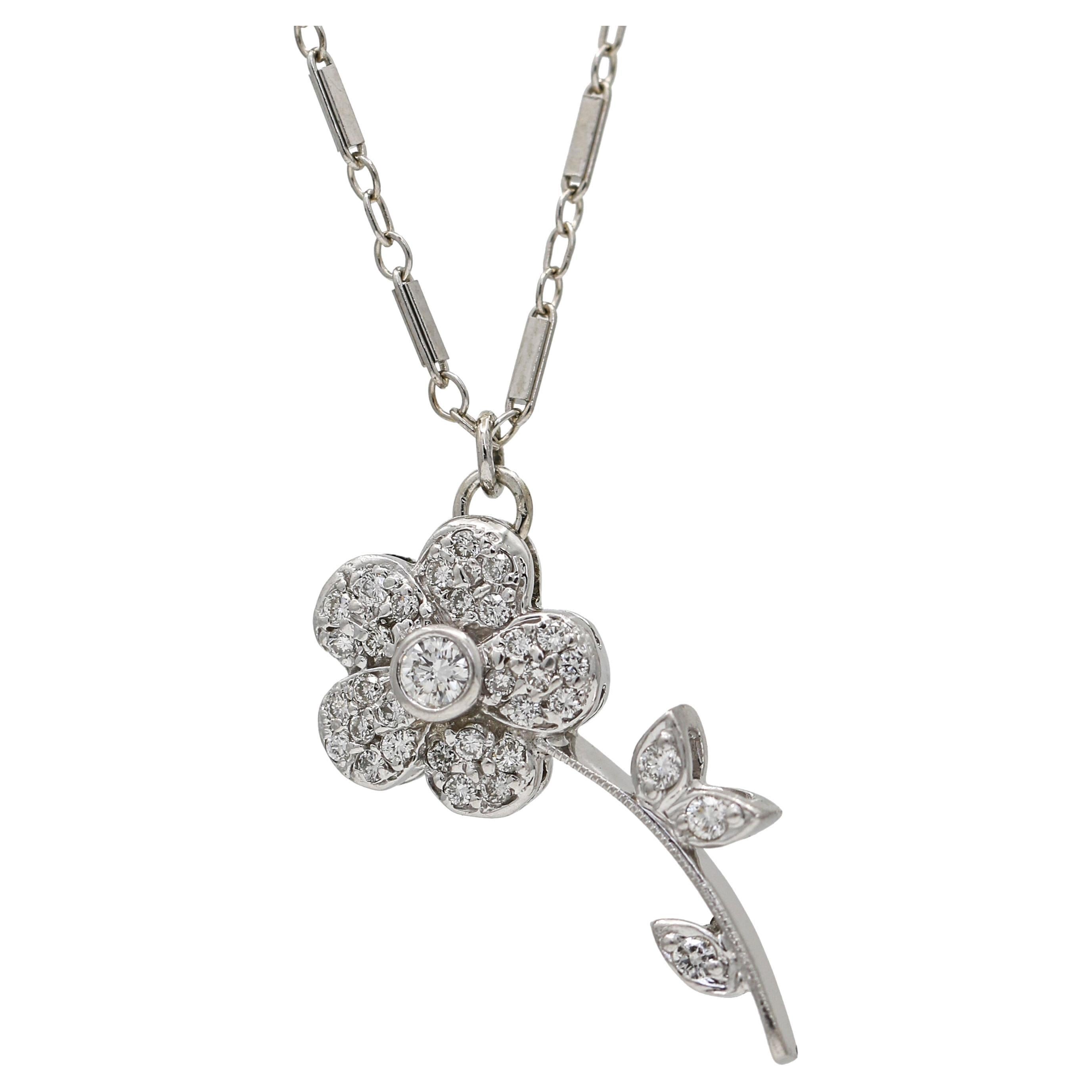 Vintage 14k Weißgold Diamant-Blumen-Halskette für Damen