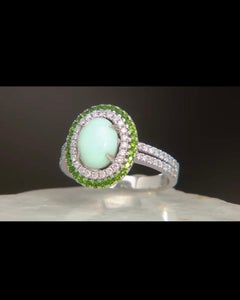 Vintage 14K White Gold Diamond & Green Opal Chrome Diopside Cabochon Ring, 8