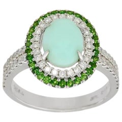Vintage 14K White Gold Diamond & Green Opal Chrome Diopside Cabochon Ring, 8