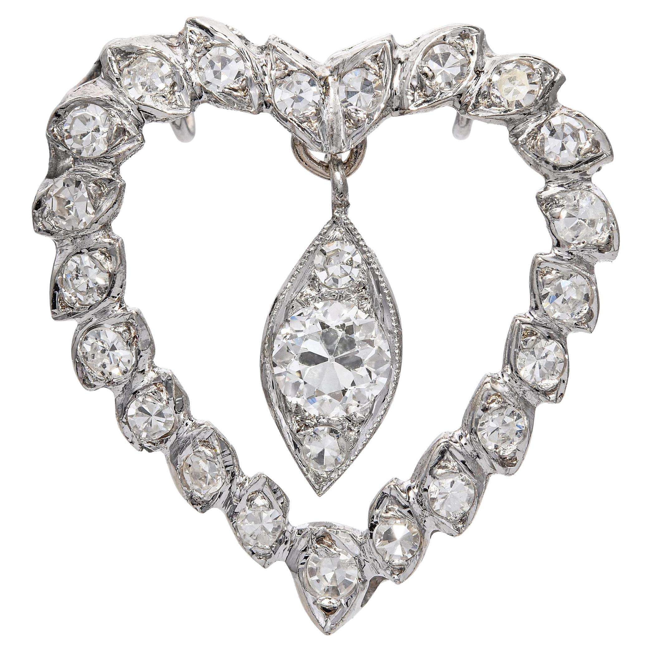 Vintage 14k White Gold Diamond Heart Pendant