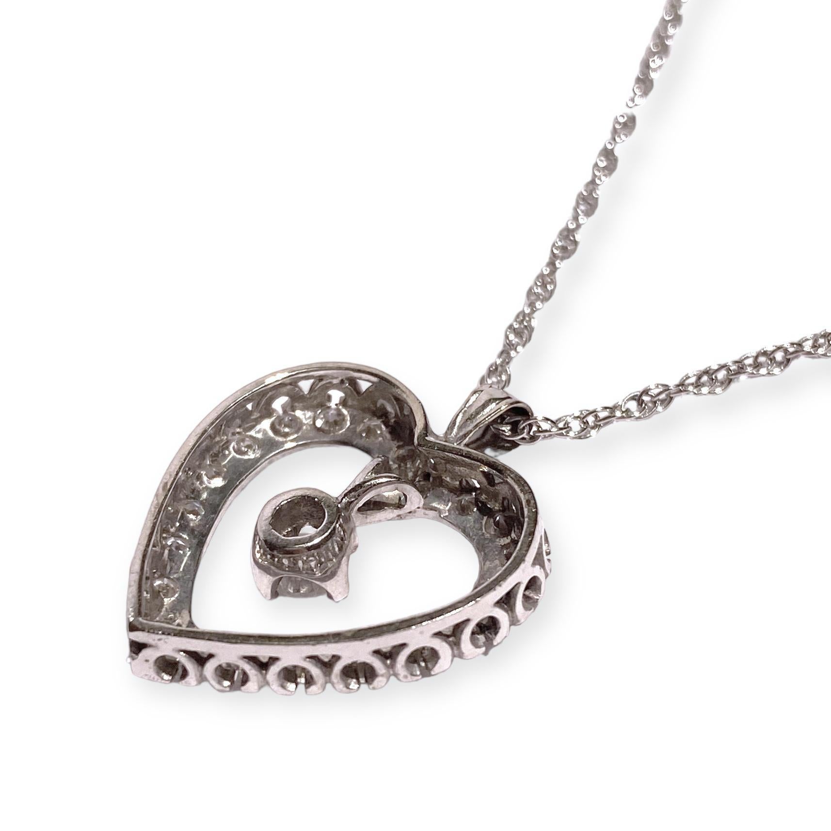 Round Cut Vintage 14K White Gold Diamond Heart Pendant with Chain For Sale