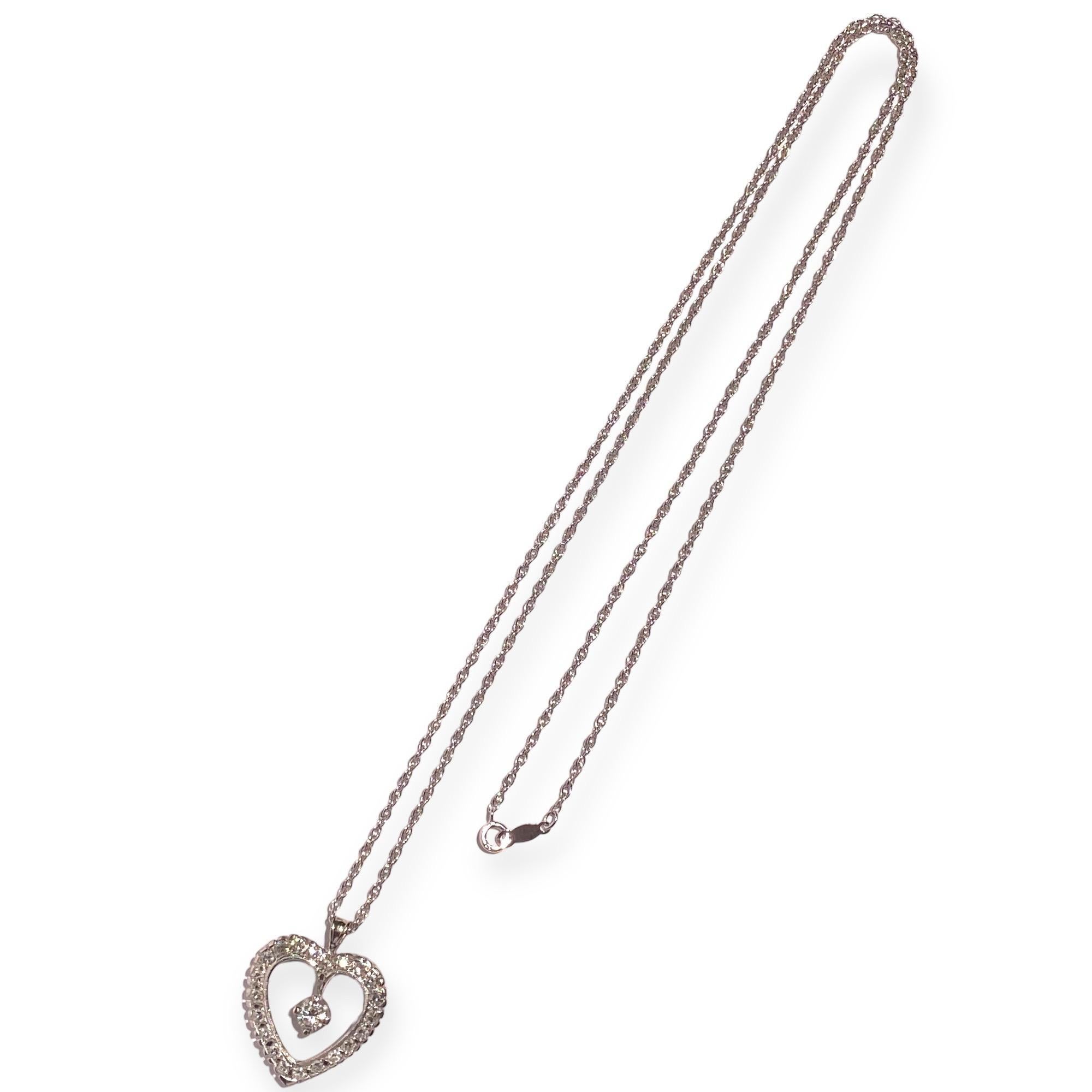 Women's or Men's Vintage 14K White Gold Diamond Heart Pendant with Chain For Sale