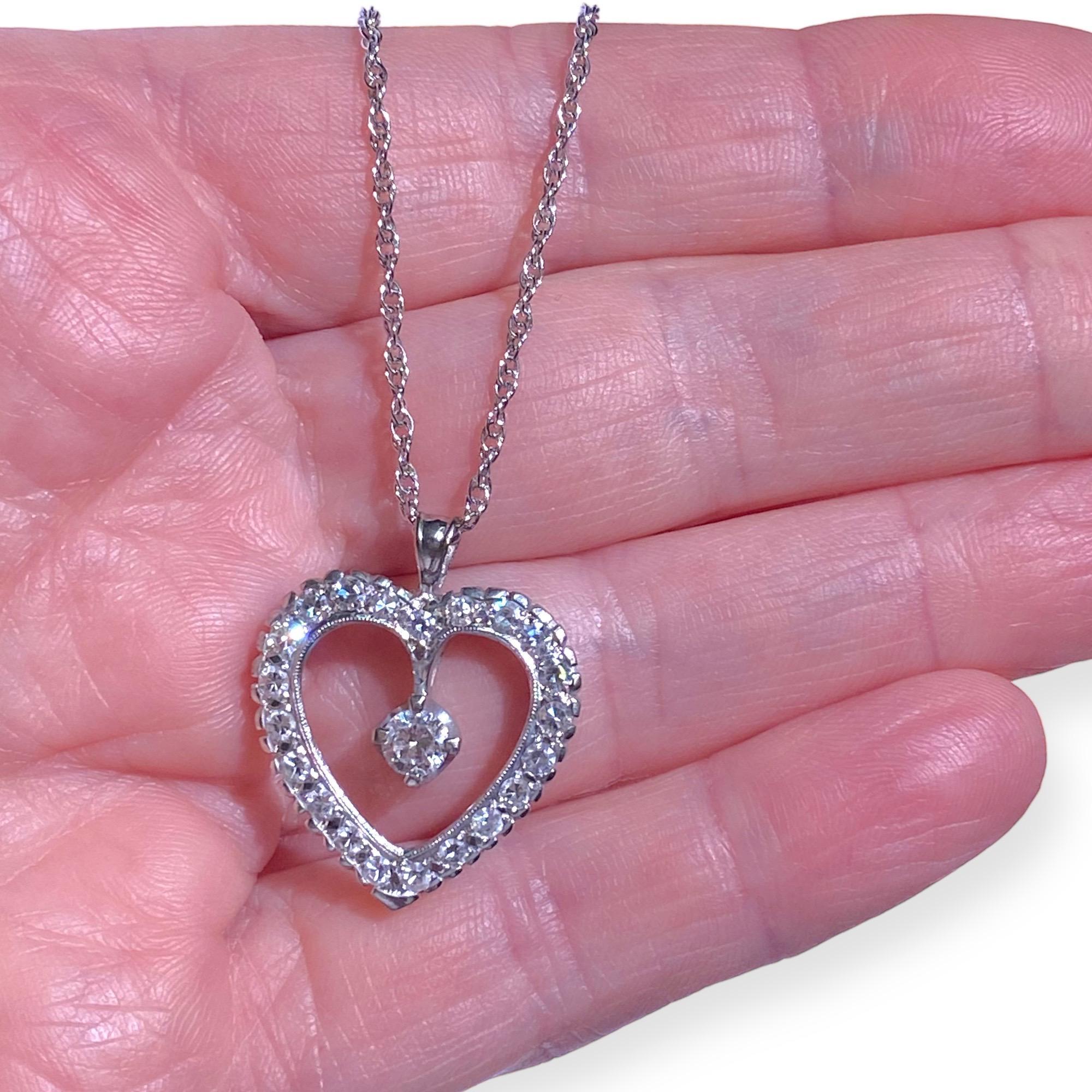 Vintage 14K White Gold Diamond Heart Pendant with Chain For Sale 1