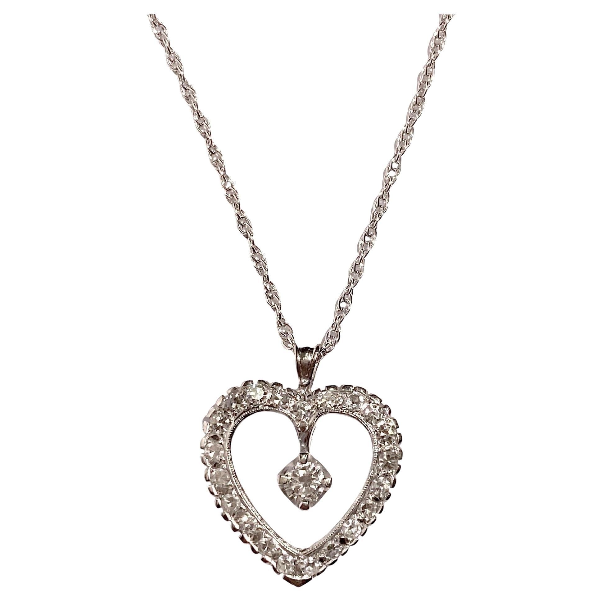 Vintage 14K White Gold Diamond Heart Pendant with Chain For Sale