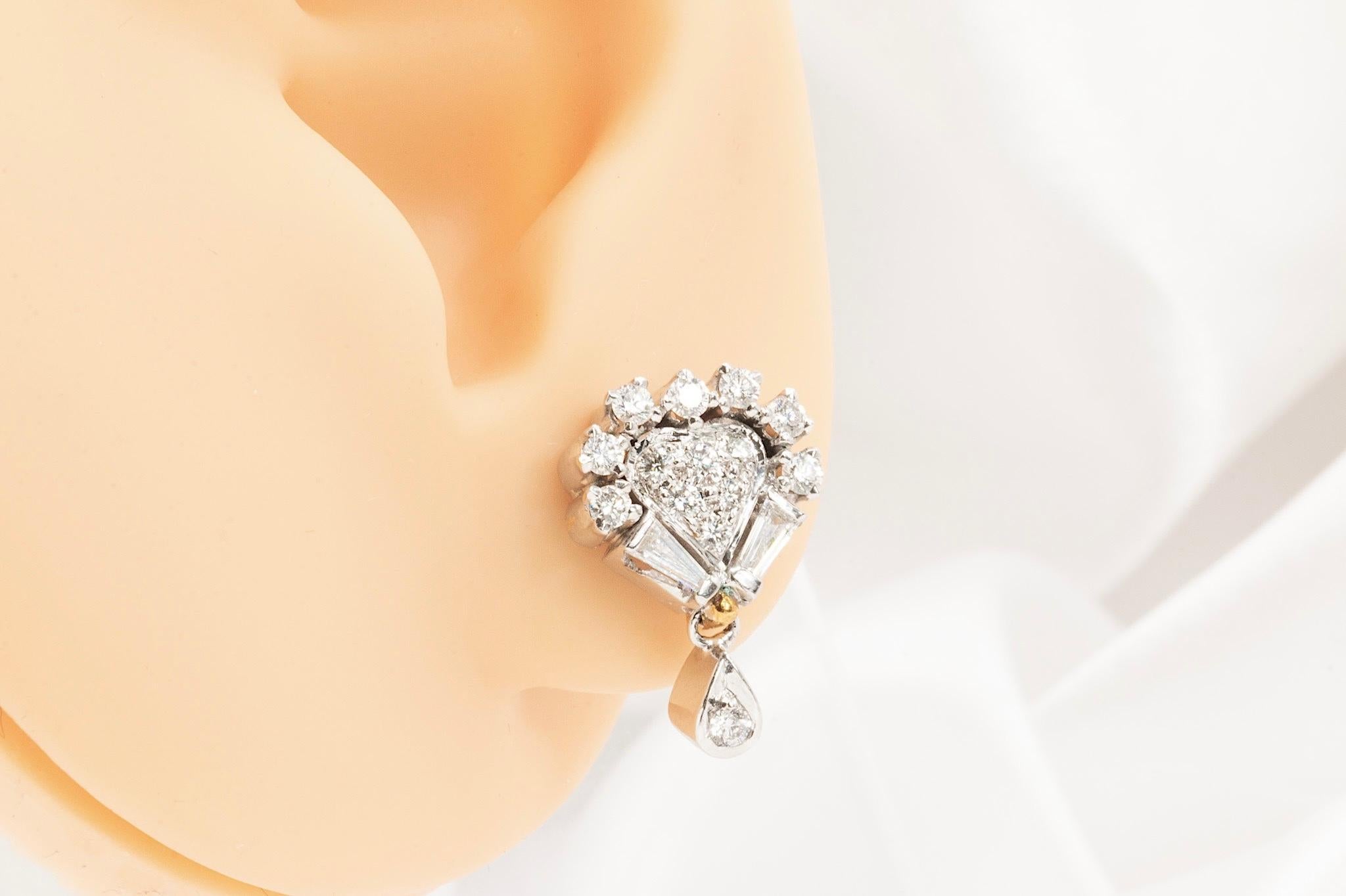 Women's Vintage 14K White Gold Diamond Heart-Shaped Dangle Earrings For Sale