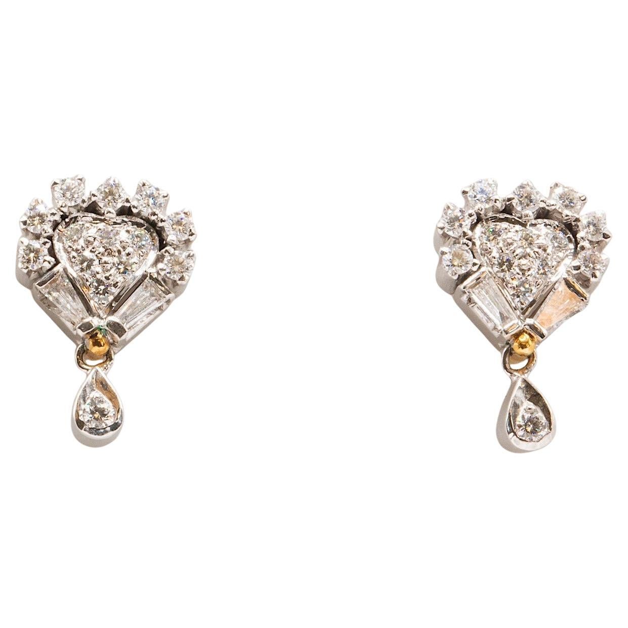 Vintage 14K White Gold Diamond Heart-Shaped Dangle Earrings For Sale