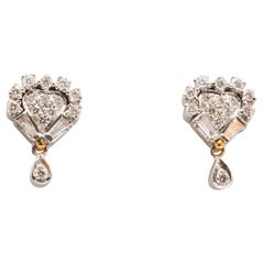 Vintage 14K White Gold Diamond Heart-Shaped Dangle Earrings