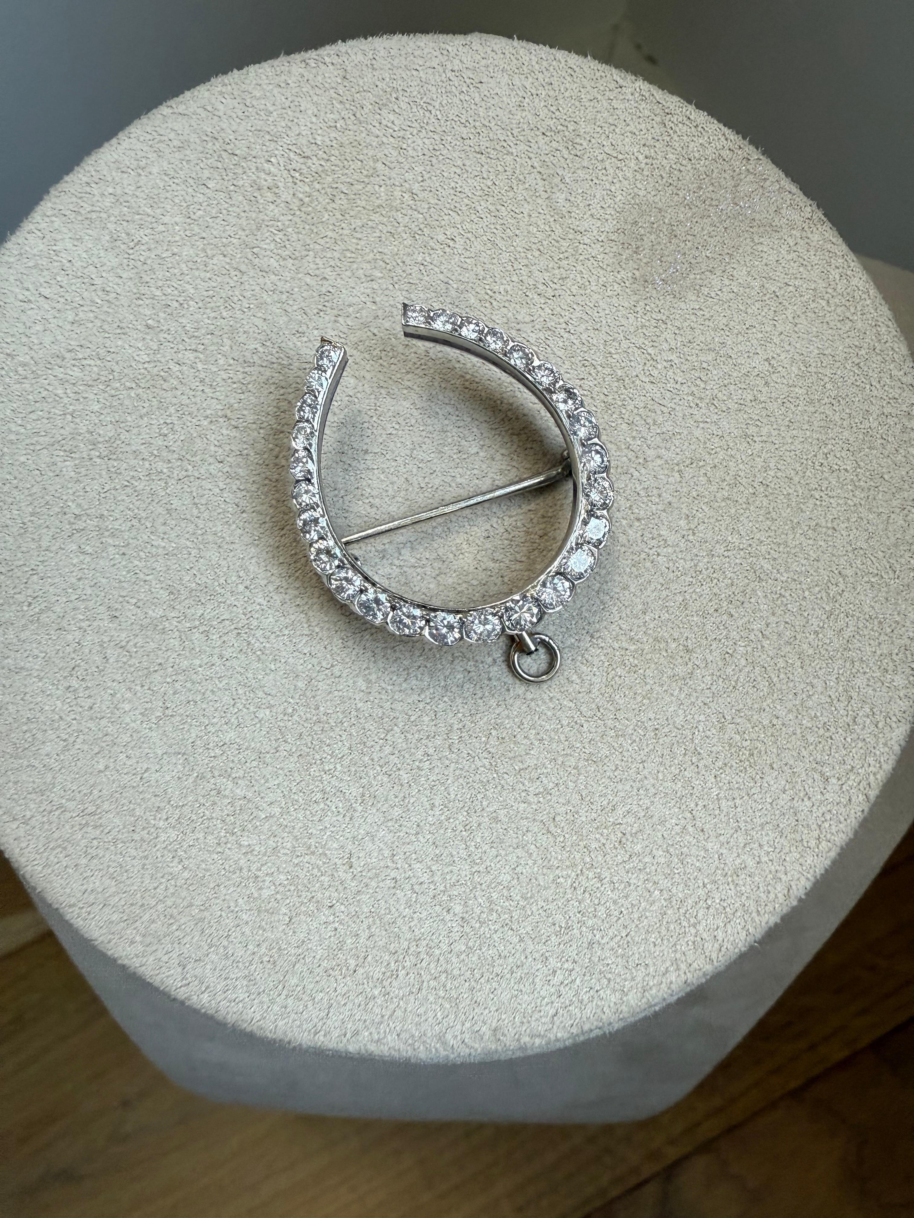 Vintage 14K or blanc Diamond Horseshoe Brooch & Pendant - Convertible Equestrian Good Luck Pin.

Saisissez l'élégance et le symbolisme intemporels avec cette exquise broche en fer à cheval en or blanc 14 carats, conçue pour être également portée en