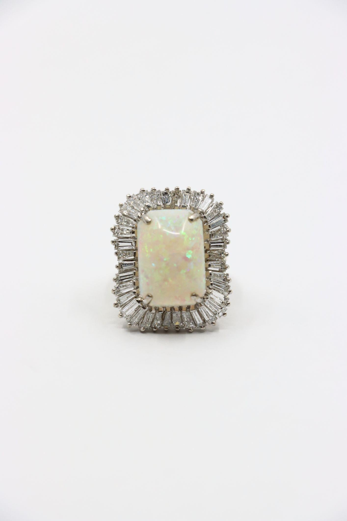Square Cut Vintage 14K White Gold Diamond Opal Ballerina Ring For Sale