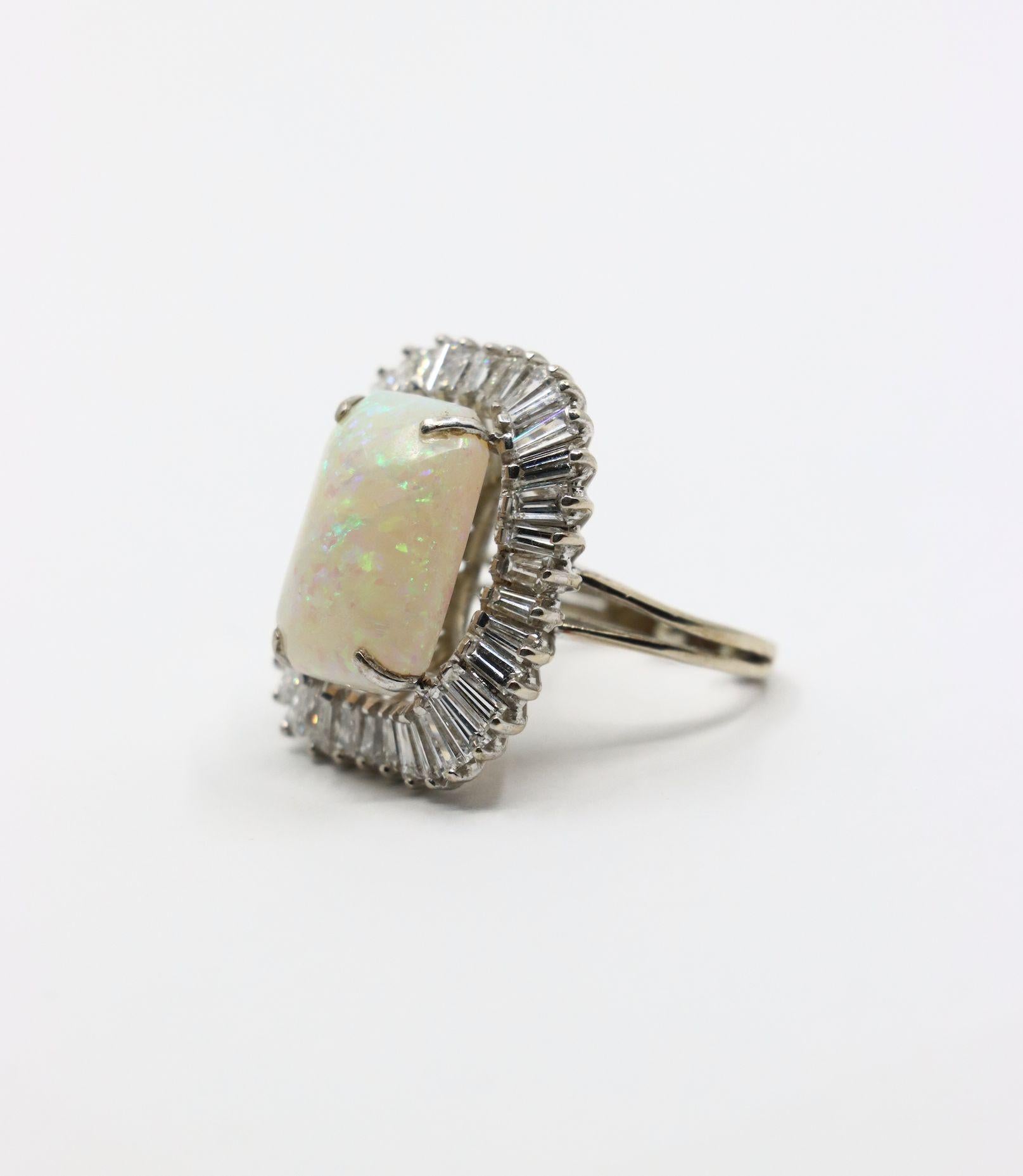 Vintage 14K White Gold Diamond Opal Ballerina Ring For Sale 3